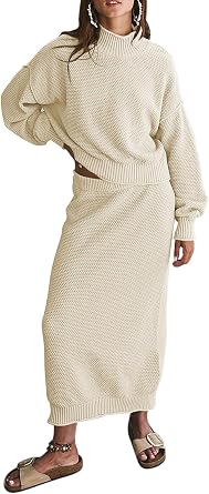 Pink Queen Womens 2 Piece Sweater Set Outfits Long Sleeve Oversized Top Bodycon Maxi Long Skirt Knit Dresses