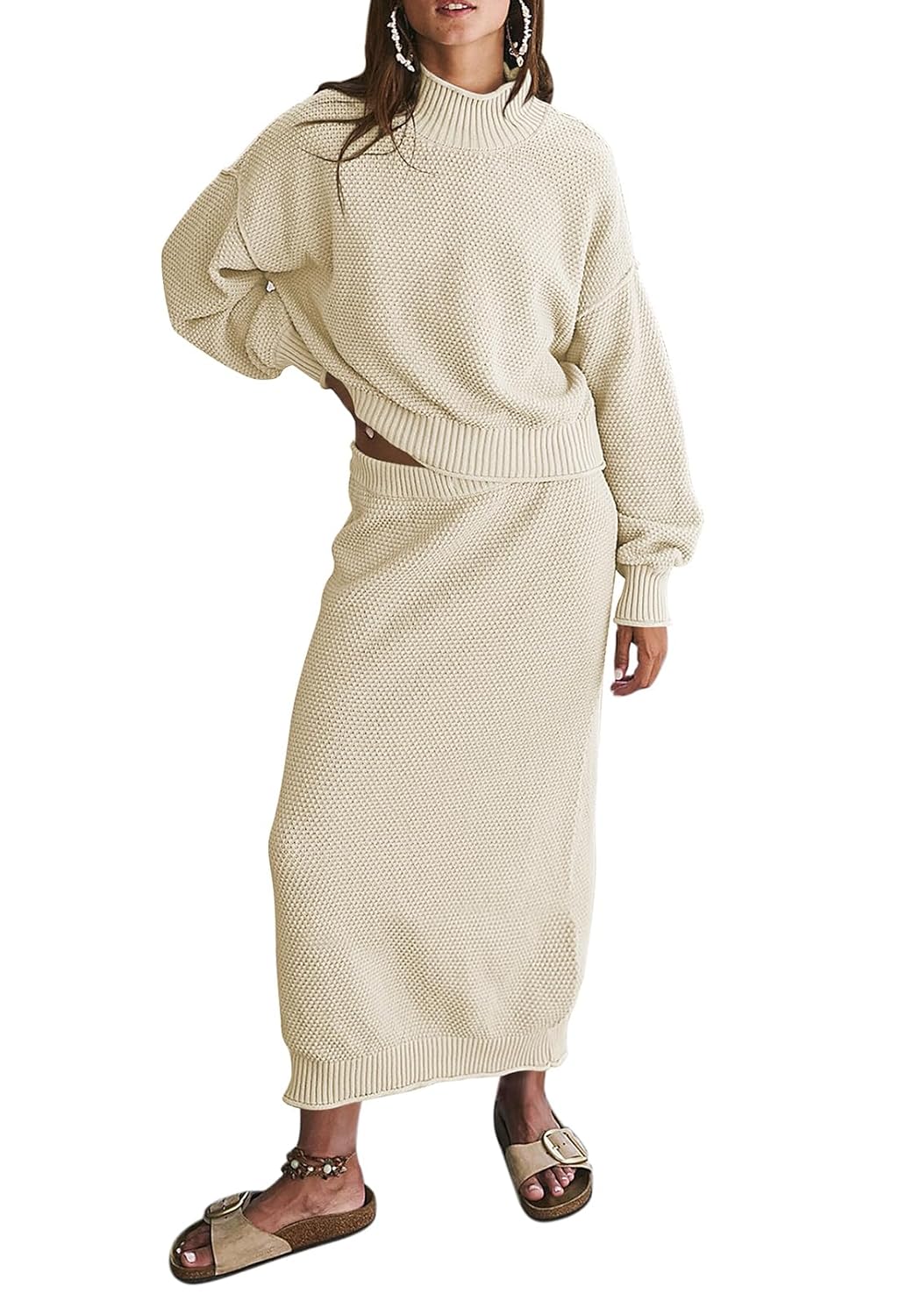 Pink Queen Womens 2 Piece Sweater Set Outfits Long Sleeve Oversized Top Bodycon Maxi Long Skirt Knit Dresses