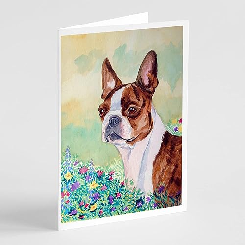 Caroline's Treasures 7222GCA7P - Tarjetas de felicitación y sobres de Boston Terrier rojo y blanco, paquete de 8 tarjetas en blanco con sobres,