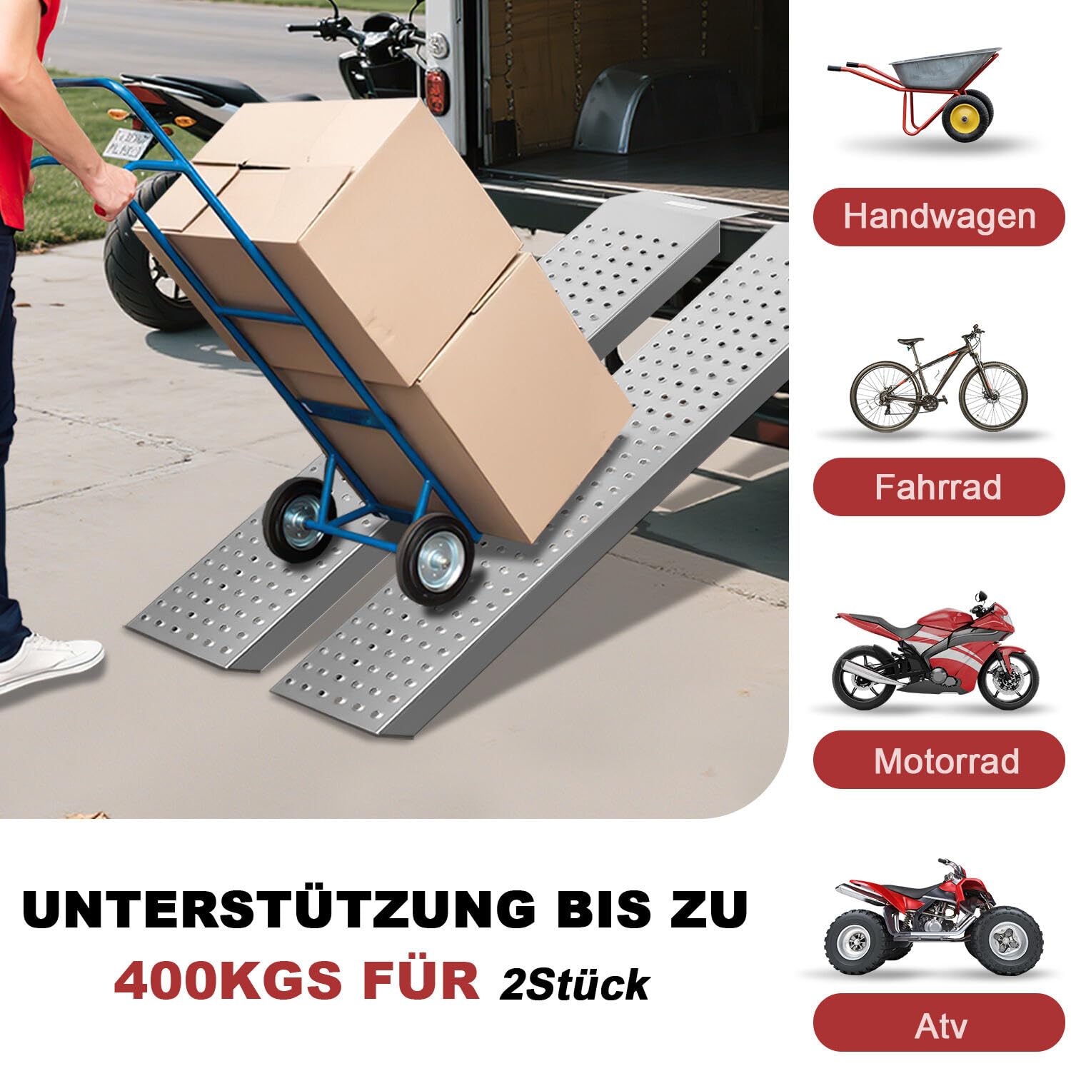 Sonnewelt Rampa de acceso de acero para remolque, 400 kg, para motocicleta, ATV, quad, coche, cortacésped, más ligera y portátil, 135 cm de largo