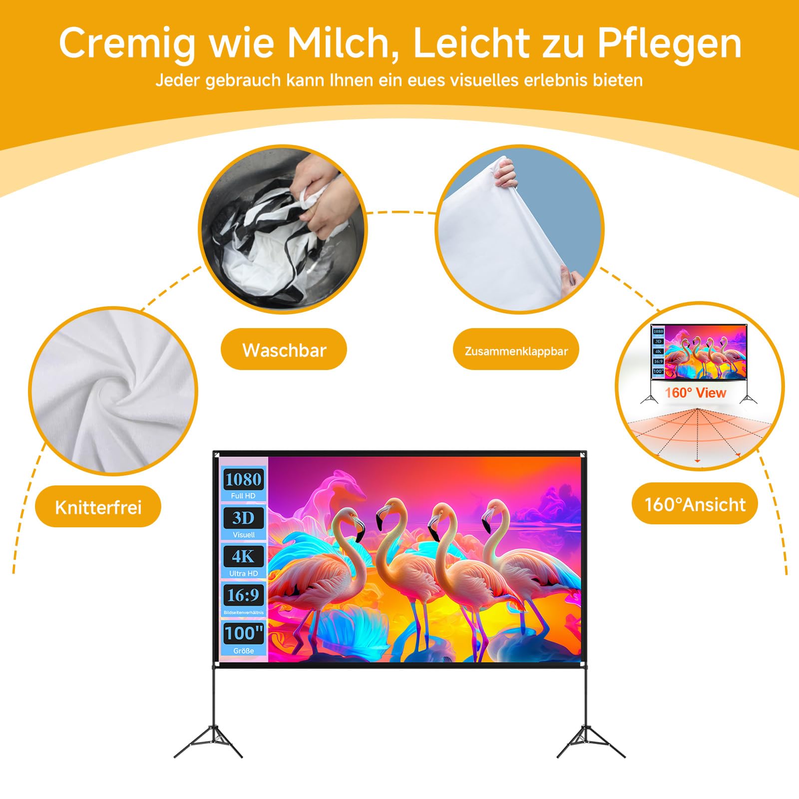 VISULAPEX 100” Beamer Leinwand mit Stativ, 16:9 4K HD Projektor Leinwand Tragbar, Faltbare leinwand Beamer mit Tragetasch für Heimkino Gartenkino Theater Nächte