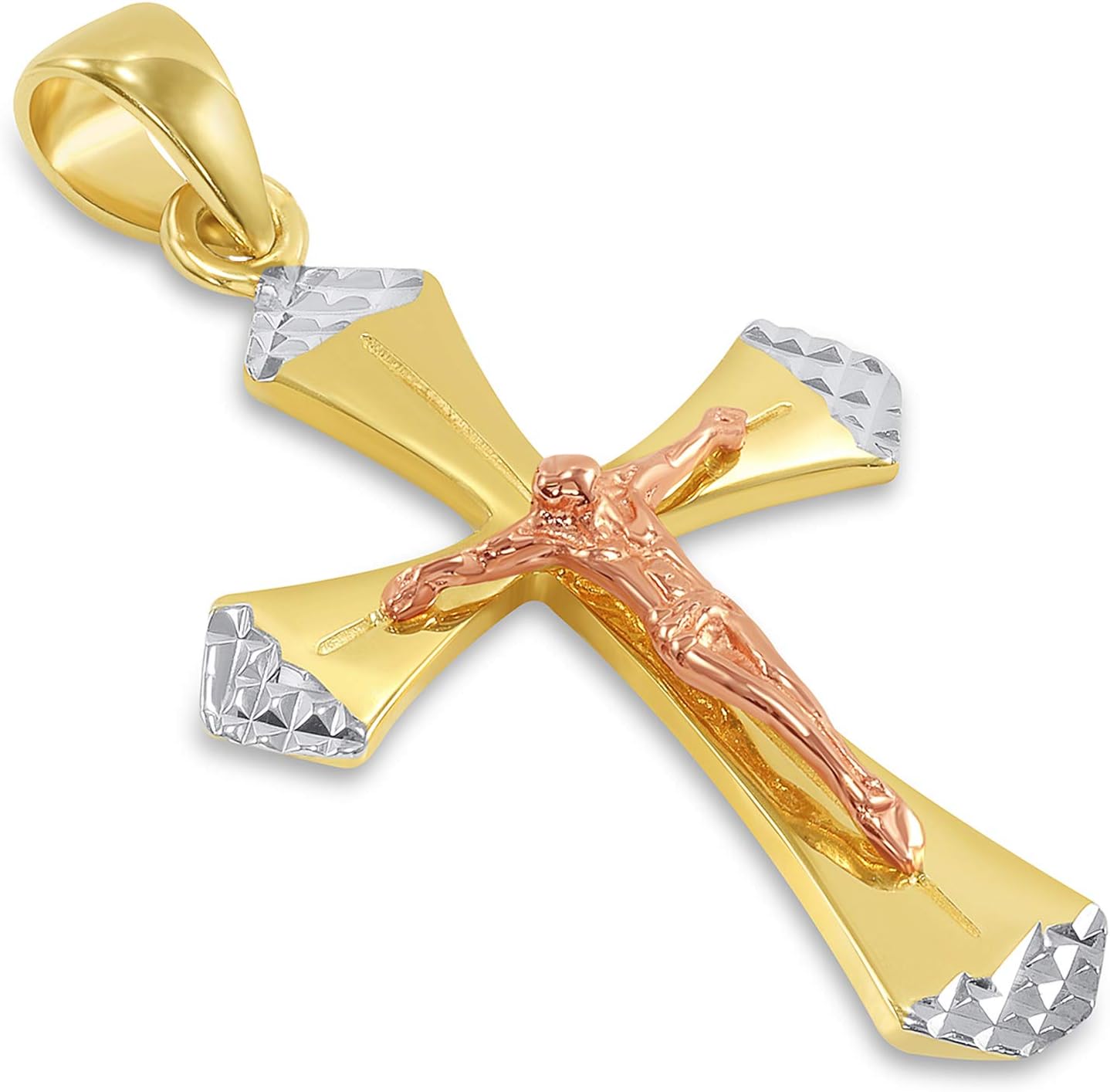 Jewelry America 14k Yellow Gold and Rose Gold Textured Tri-Tone Religious Cross Jesus Crucifix Pendant with Figaro Chain Necklace - Image 3