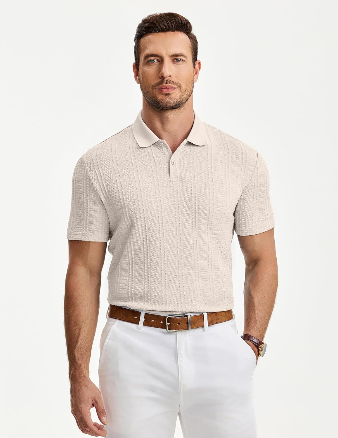 JMIERR Mens Polo Shirt Textured Short Sleeve Summer Button Collar Knitted Golf Polos - Image 2