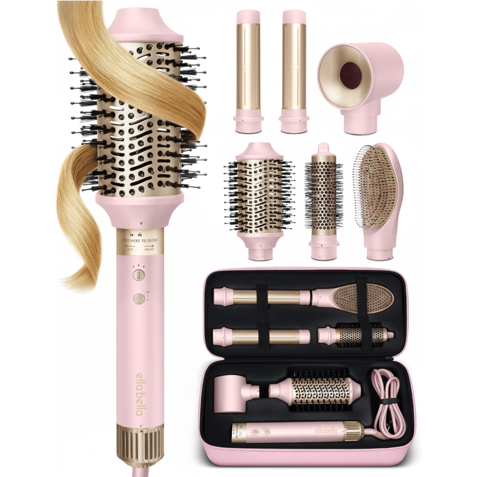 ELLA BELLA6 in 1 Professional Hot Air Styler • Powerful Hair Dryer & Straightener Set • Styling Without Heat Damage • Fast Drying Curling Volumizing Straightening • Protective Travel Case (Pink)