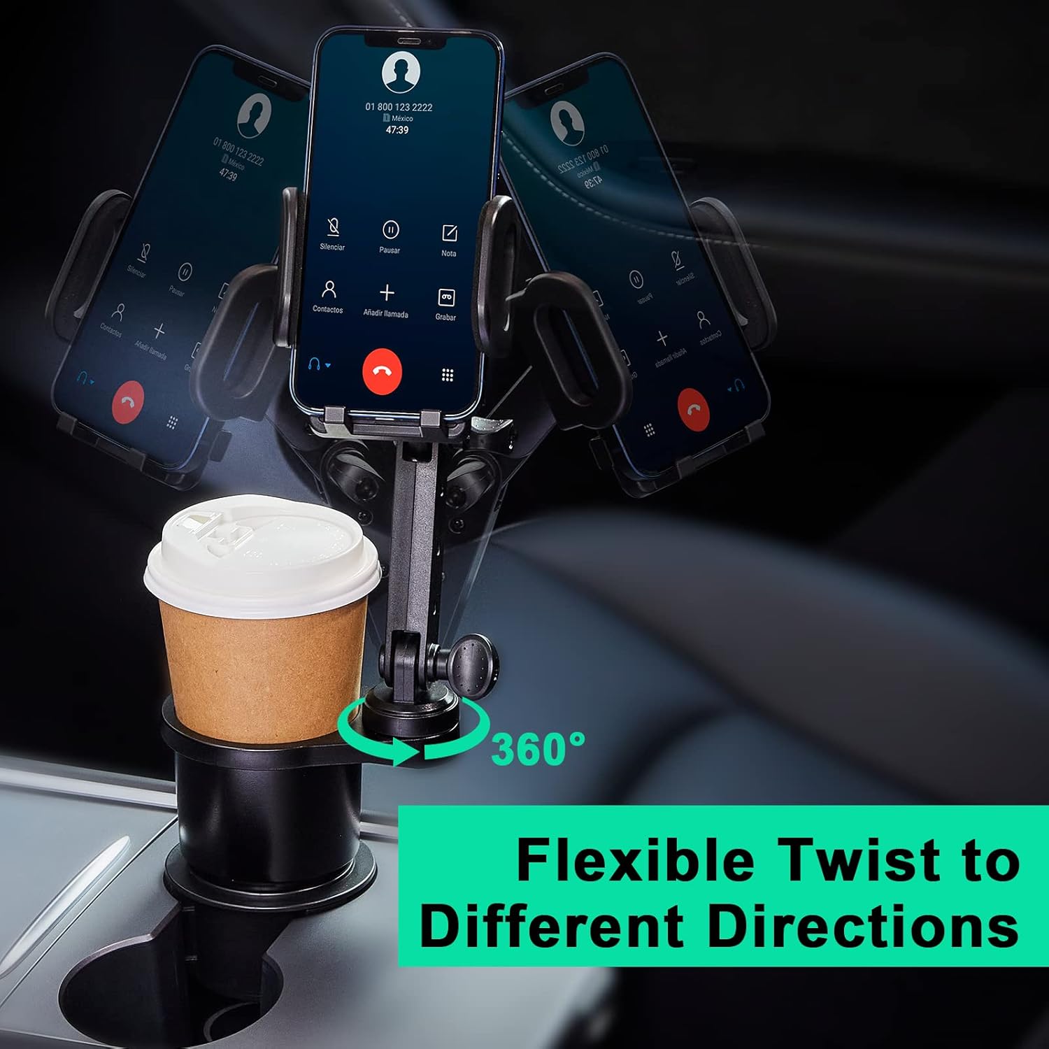THIS HILL 2-in-1 Cup Holder and Cell Phone Holder - with 360° Rotating Stand and Adjustable Base for All iPhone Models and Smartphones