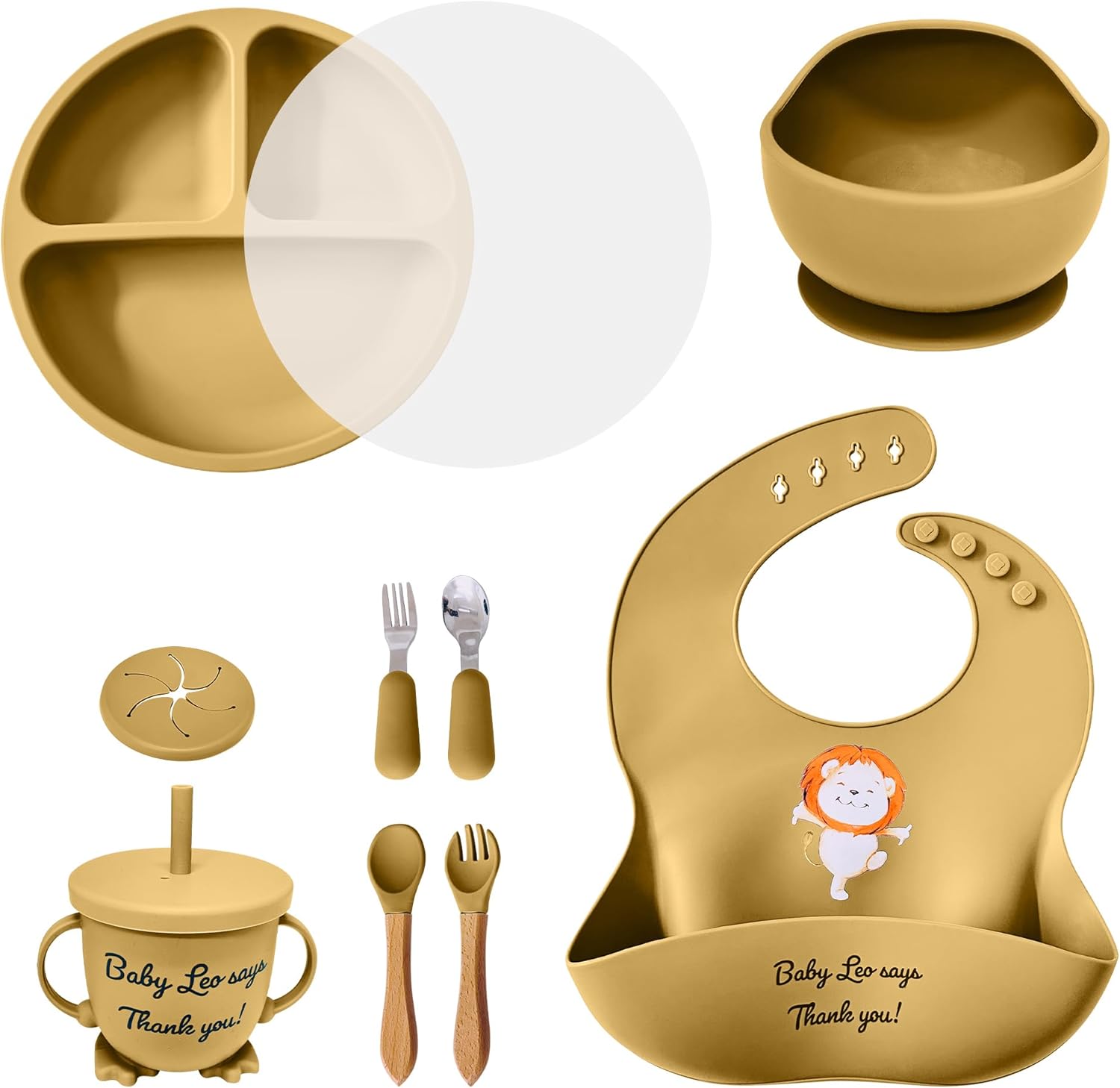 Baby Feeding Set 12 Piece Led Weaning Supplies Suction Bowl and Plate, Divided Plate, Spoon, Fork, Cup, Adjustable Bib Baby Self Feeding Utensils - Baby Feeding Supplies (Beige)