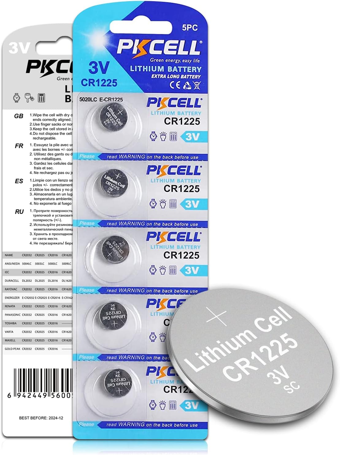 PKCELL CR1225 3V Lithium Battery CR 1225 3V Button Batteries for Thermometer 5-Year Shelf Life (5 Count-CR1225)