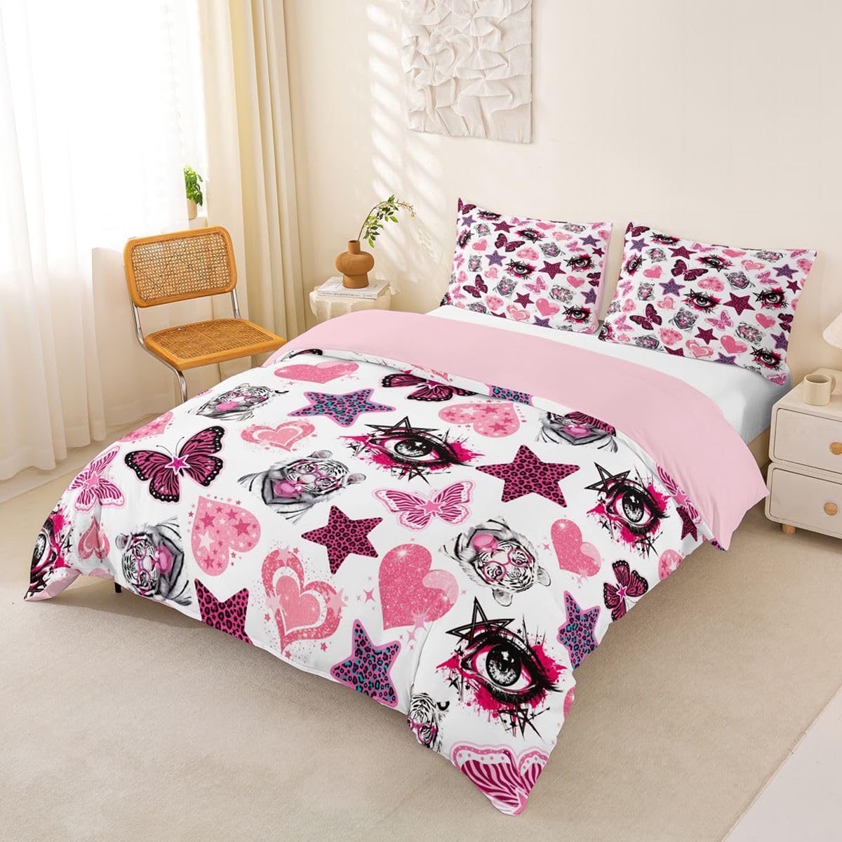Homewish Set di biancheria da letto super king size con stampa leopardata e stelle e tigre, Y2Ky, motivo: occhi di farfalla, set di biancheria da letto Swetty Love Heart