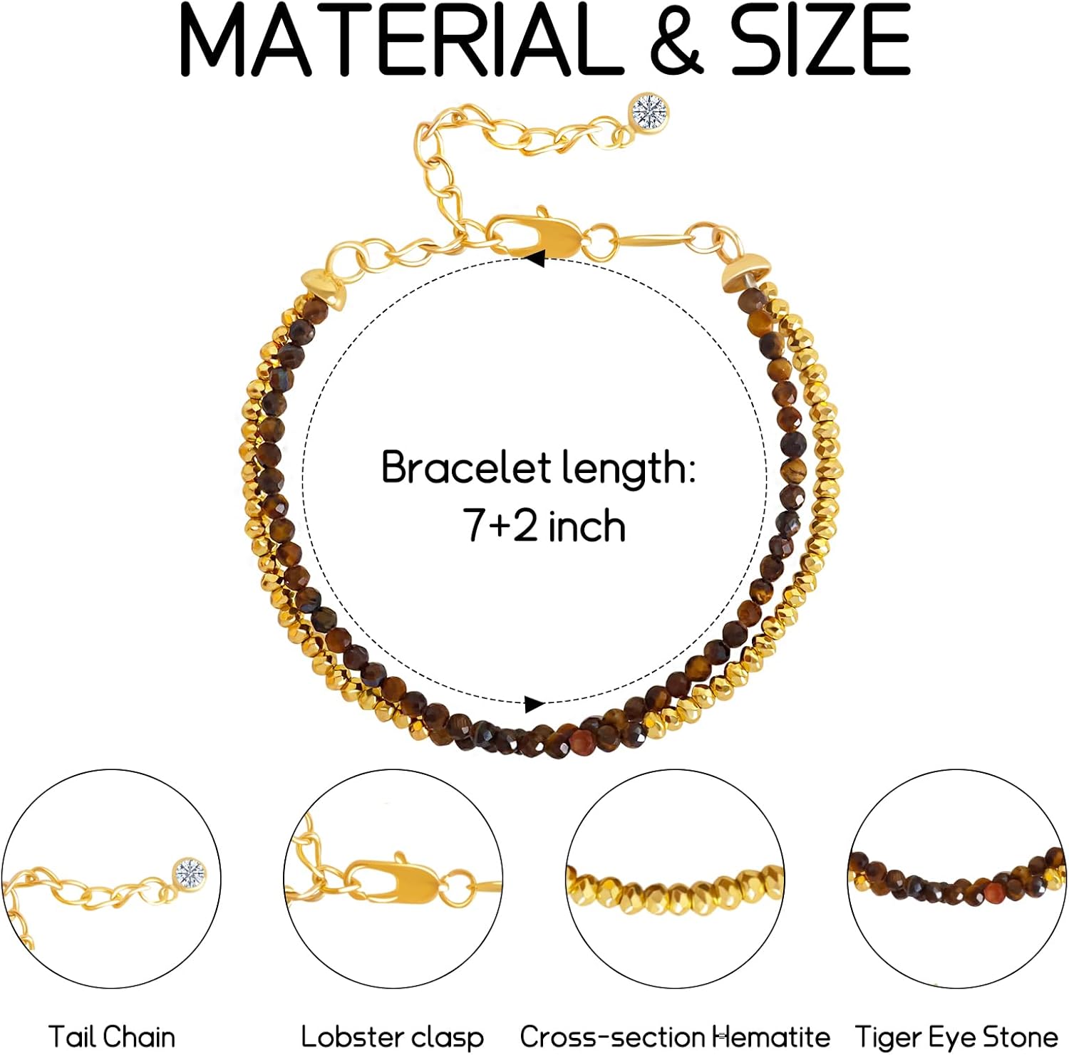 GVUSMIL Bead Bracelet for Women Layered Stone Mixed Bracelets Handmade 18K Gold Plated Beaded Chain Bracelet boho bracelets Adjustable Stackable Bracelet (Tiger Eye) - Image 2
