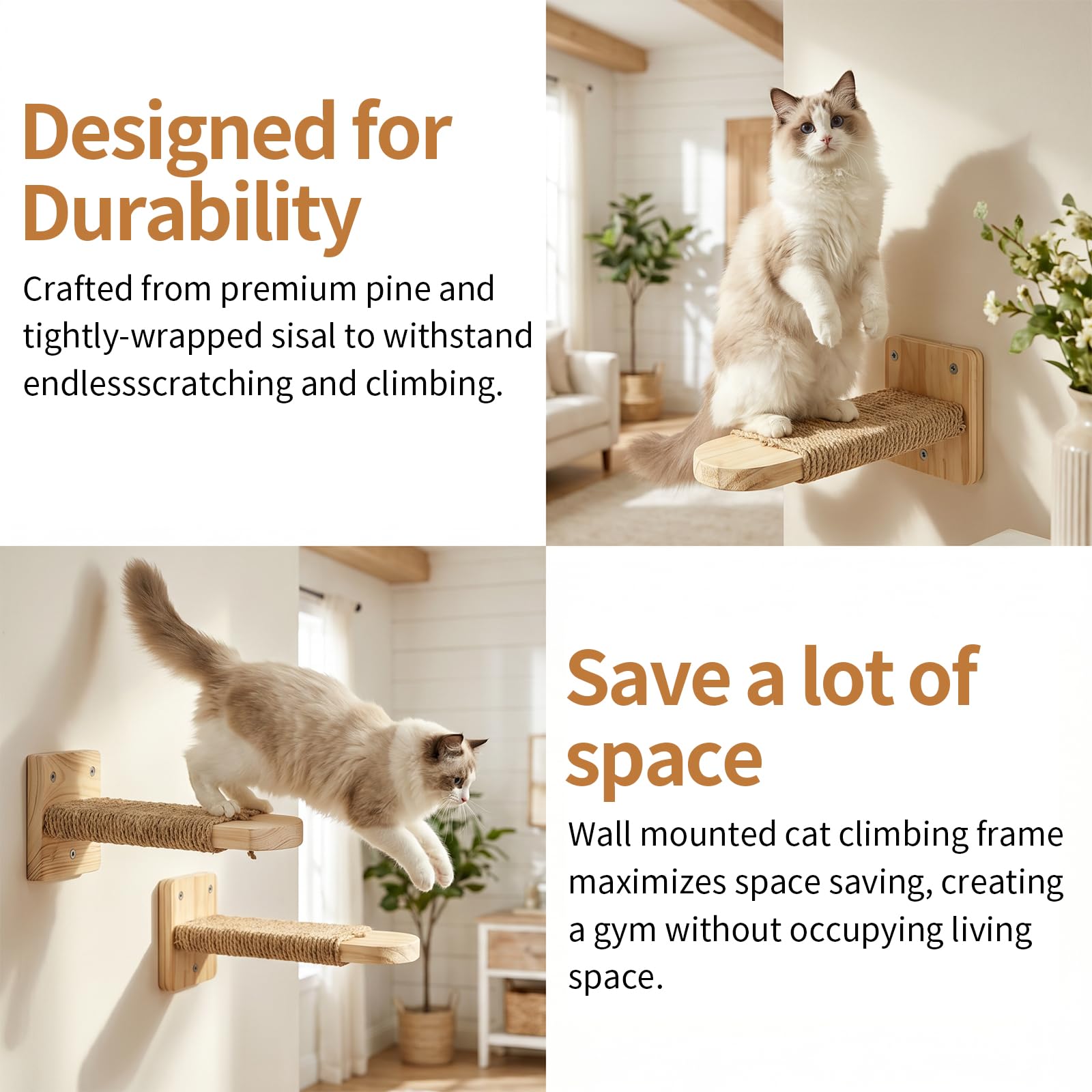 Katzentreppe Wand 4pcs 20CM Lang Natur Holz mit Juteseil Tragfähigkeit 35kg | DIY Kletterwand Katzen aus Holz Wandmontage Kletterwand Wandliege aus Massives für Katze Klettern Spielen Massives Gummiholz