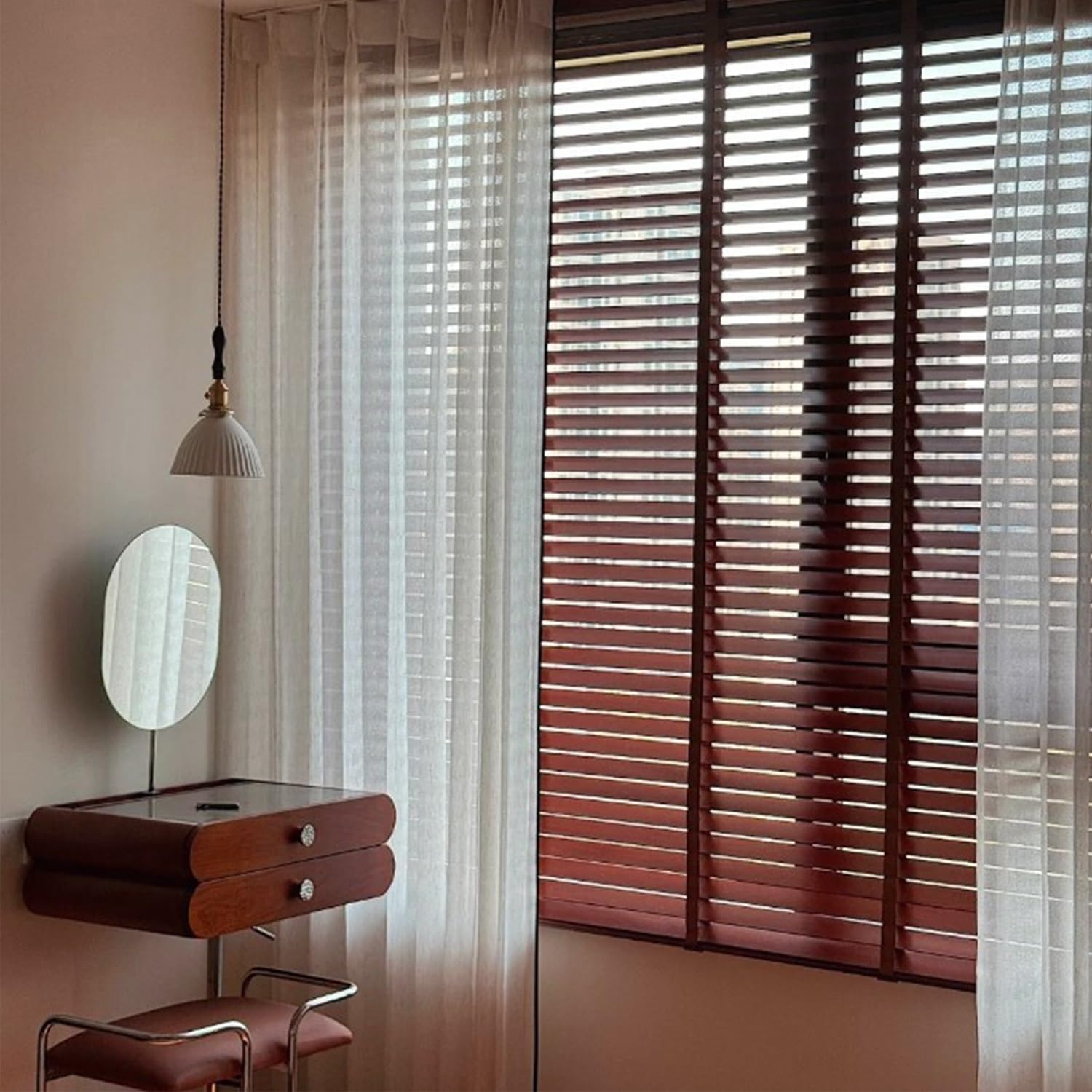 2 Inch Horizontal Wood Blind, Cordless Wood Blinds for Indoor Windows, Light Filtering Venetian Blinds & Shades for Windows, Window Blinds, Room Darkening, Window Shades(Dark red)