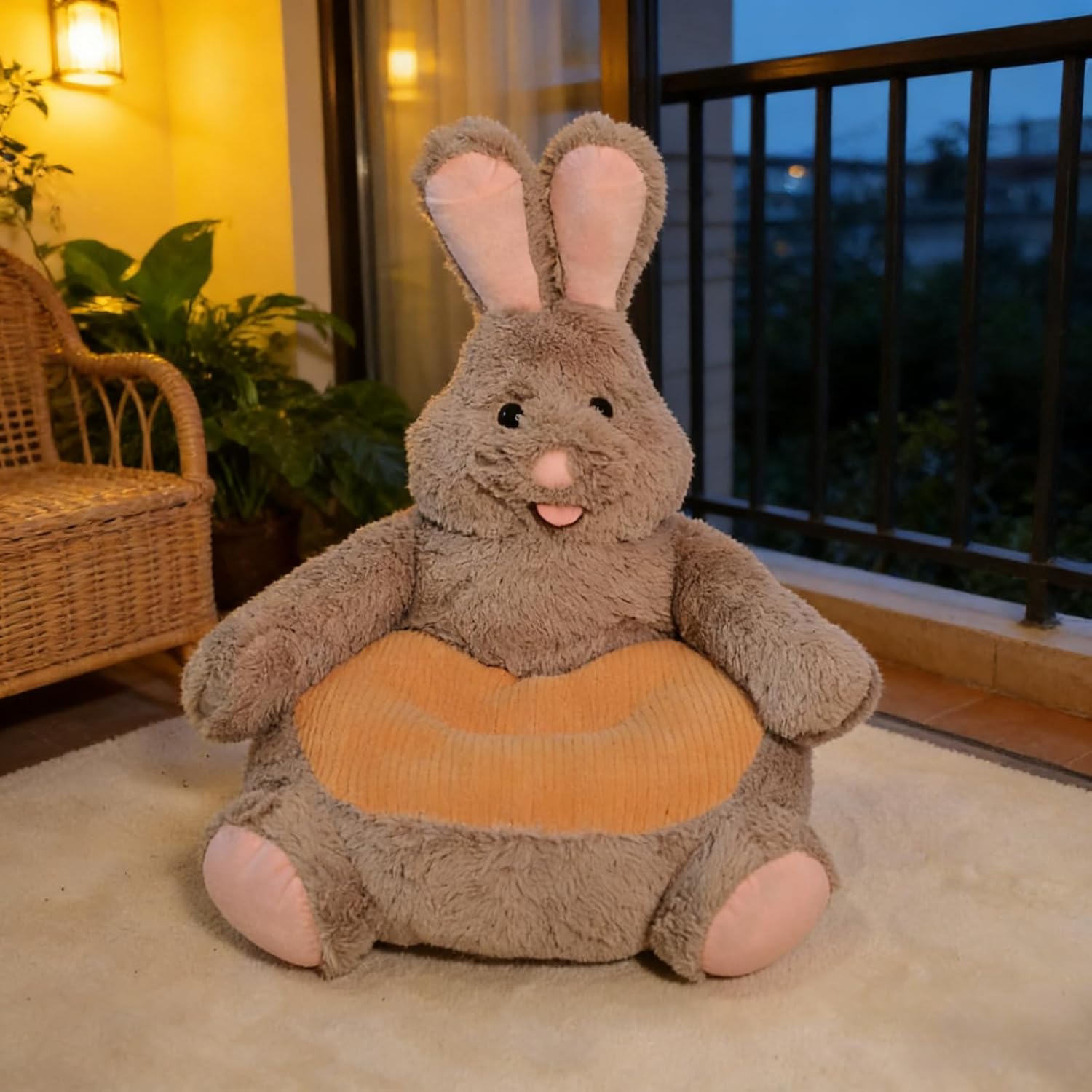 Cute Bunny Kids Plush Chair Soft Animal Bean Bag Chair Non-Slip Floor Seat with Contoured Support Seat Armrest Chair Cushion for Play Room Comfort Cushion for Home Bedroom Decoration (Brown Orange)