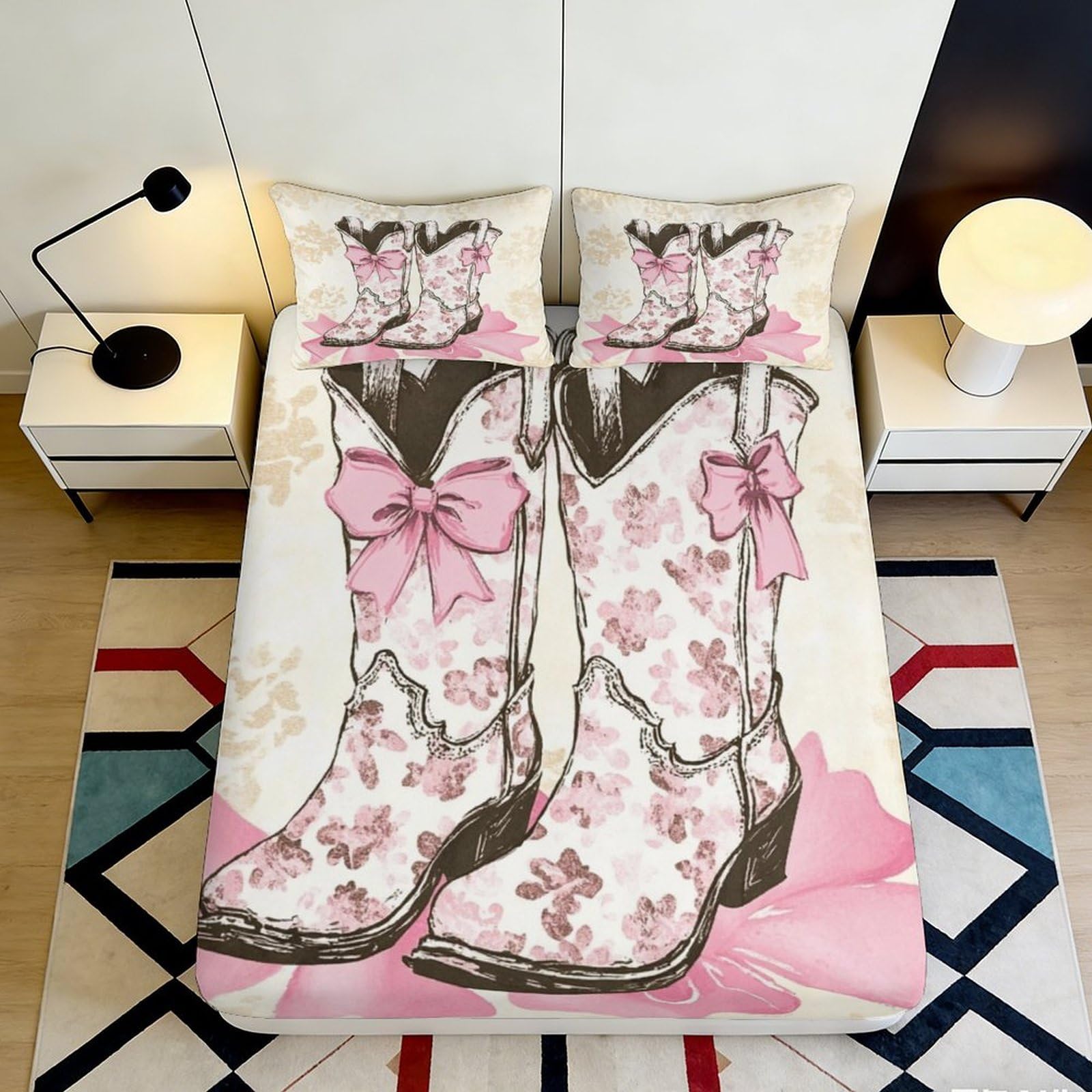 3D Printed Pink Western Boots Fitted Sheet Microfiber Soft Floral Cowgirl Bed Cover for Bedroom Guestroom Decor 90x200x25cm