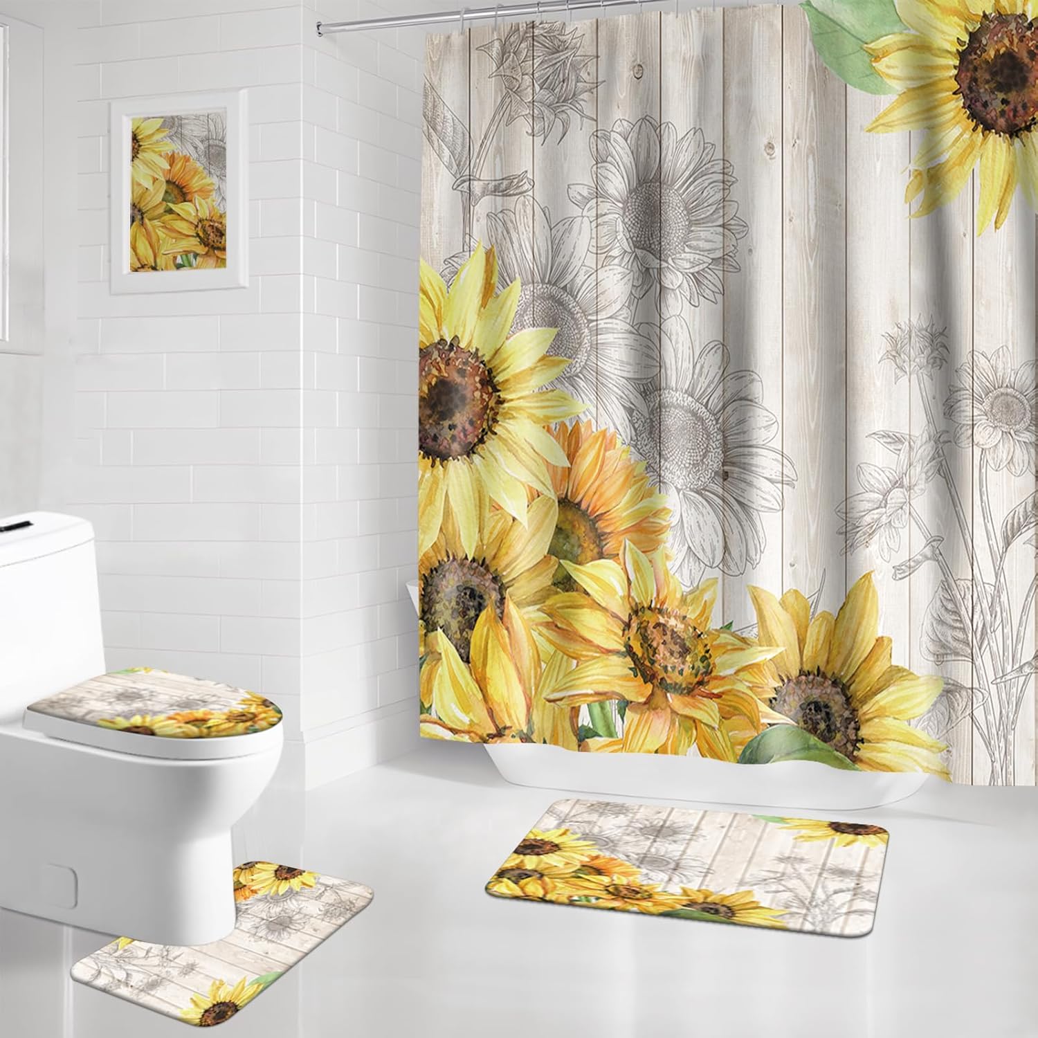 APROPHIC Sunflower Bathroom Sets with Shower Curtain and Rugs -Flower, 4-Piece Shower Curtain Sets with Rugs, Memory Foam Toilet Lid Cover, and Non-Slip U-Shape Bath Mat 72x72 in