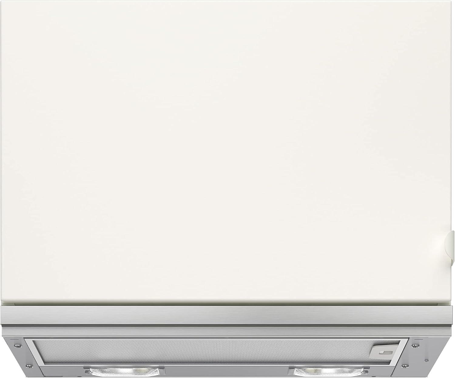Front view of the UTDRAG 60 cm built-in extractor hood, retracted into a white cabinet.
