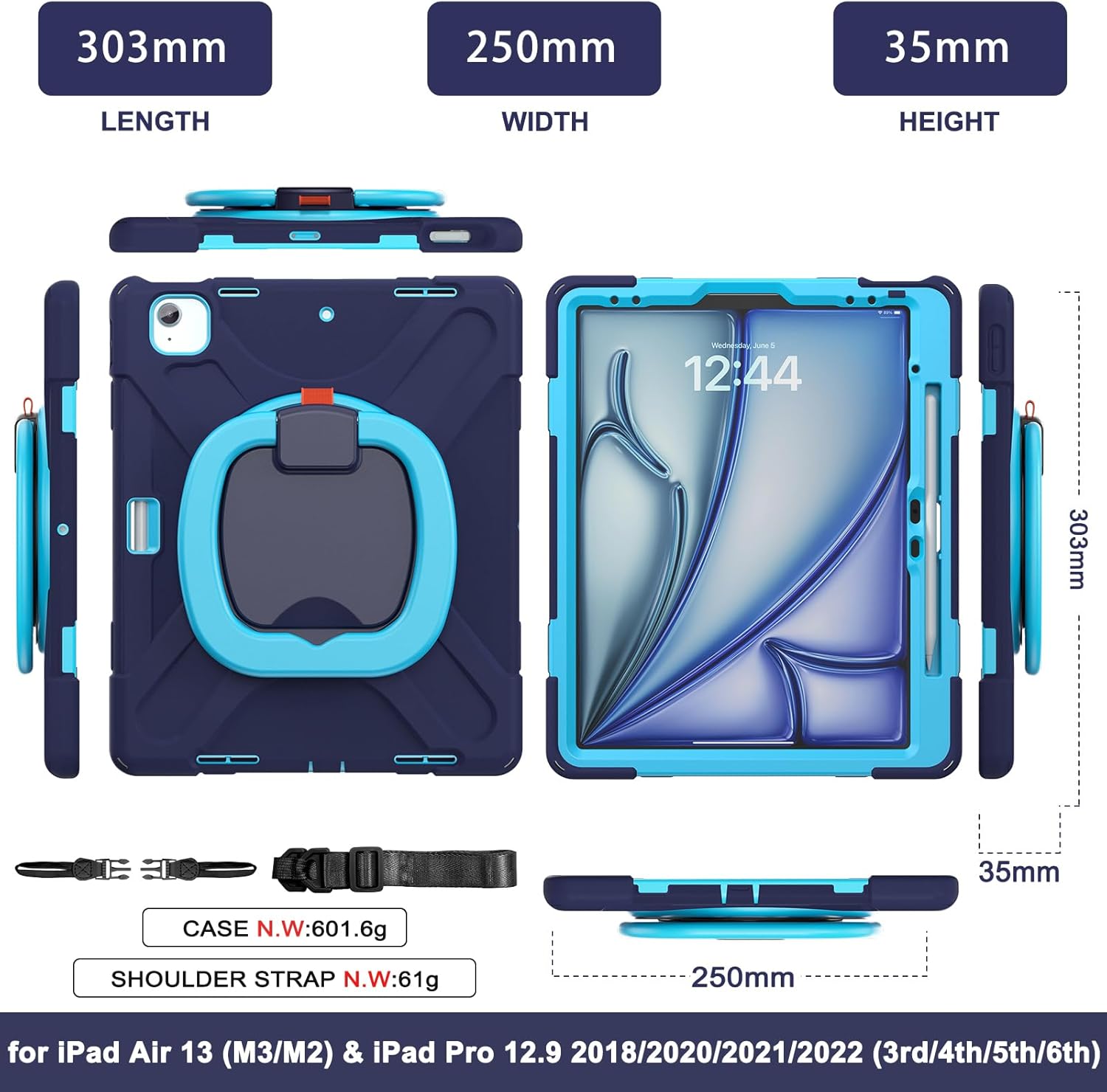 MEEgoodo Case for iPad Air 13 inch 2025 (M3) /2024 (M2) & iPad Pro 12.9 Case 6th/5th/4th/3rd Generation 2022 2021 2020 2018, Tablet Cover with Pencil Holder/Rotating Stand/Shoulder Strap, Navy Blue - Image 7