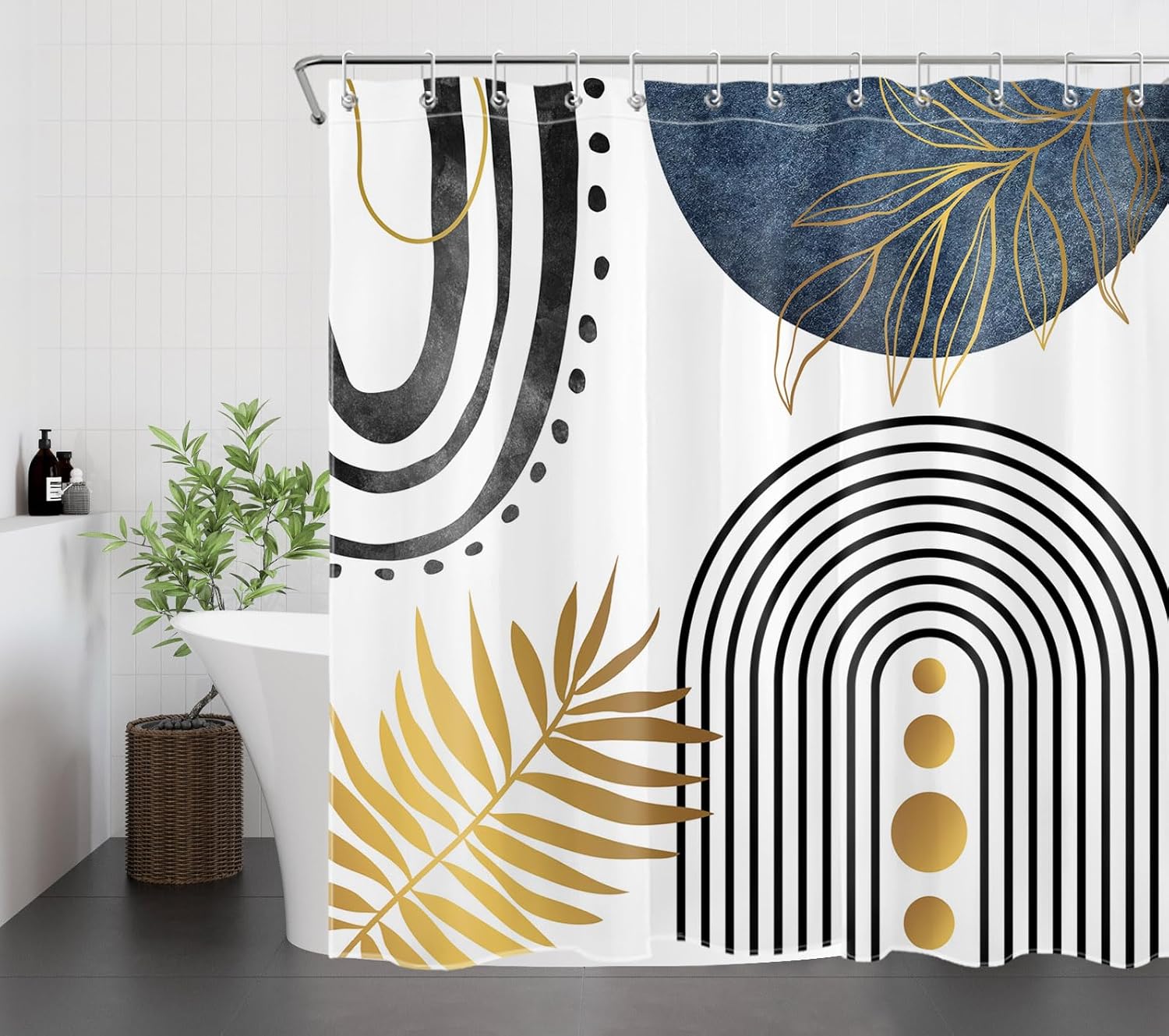 HVEST Mid Century Abstract Bathroom Sets with Shower Curtain and Rugs, Boho Black Arch Geometric and Gold Leaf on White Shower Curtains for Bathroom Decorations,70L X 70W inches