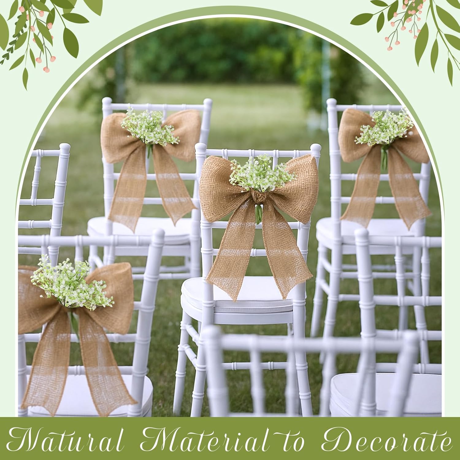 Jecery 24 Sets Burlap Chair Sashes Wedding Natural Chair Bows Ribbons 108 x 6 Inch Rustic Jute Bow Ties with Artificial Babys Breath for Home Anniversary Banquet Wedding DIY