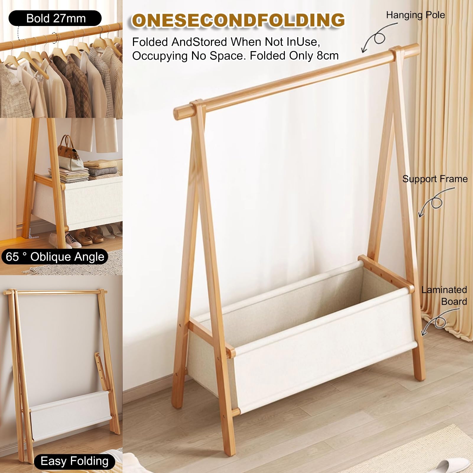 Amazon｜折りたたみ式衣類ラック、木製衣類吊り下げラック