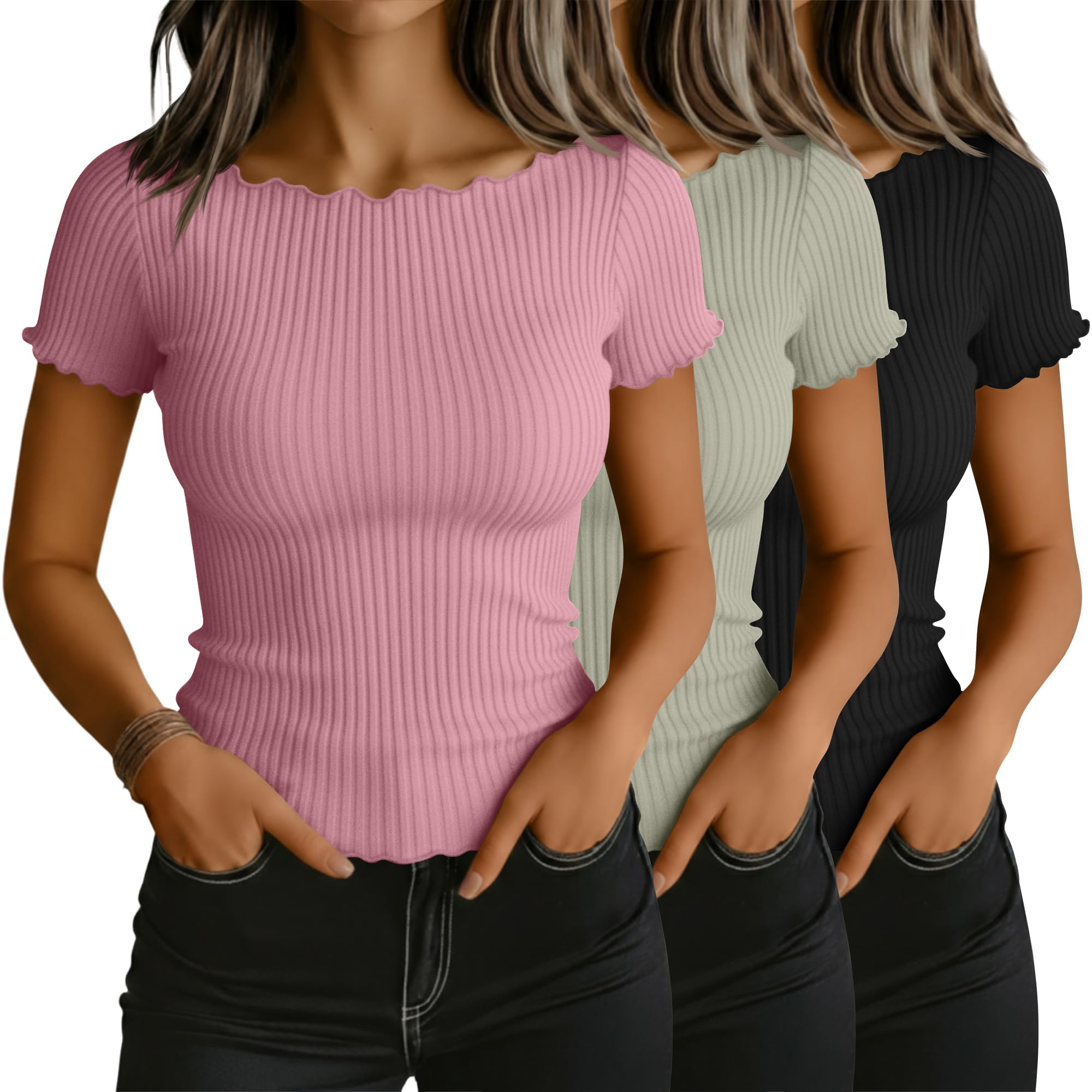 Riyiper 3 Pack Women's Boat Neck Ribbed Tops Lettuce Trim Short Sleeve T-Shirts Crop Fitted Summer Basic Tees Shirt