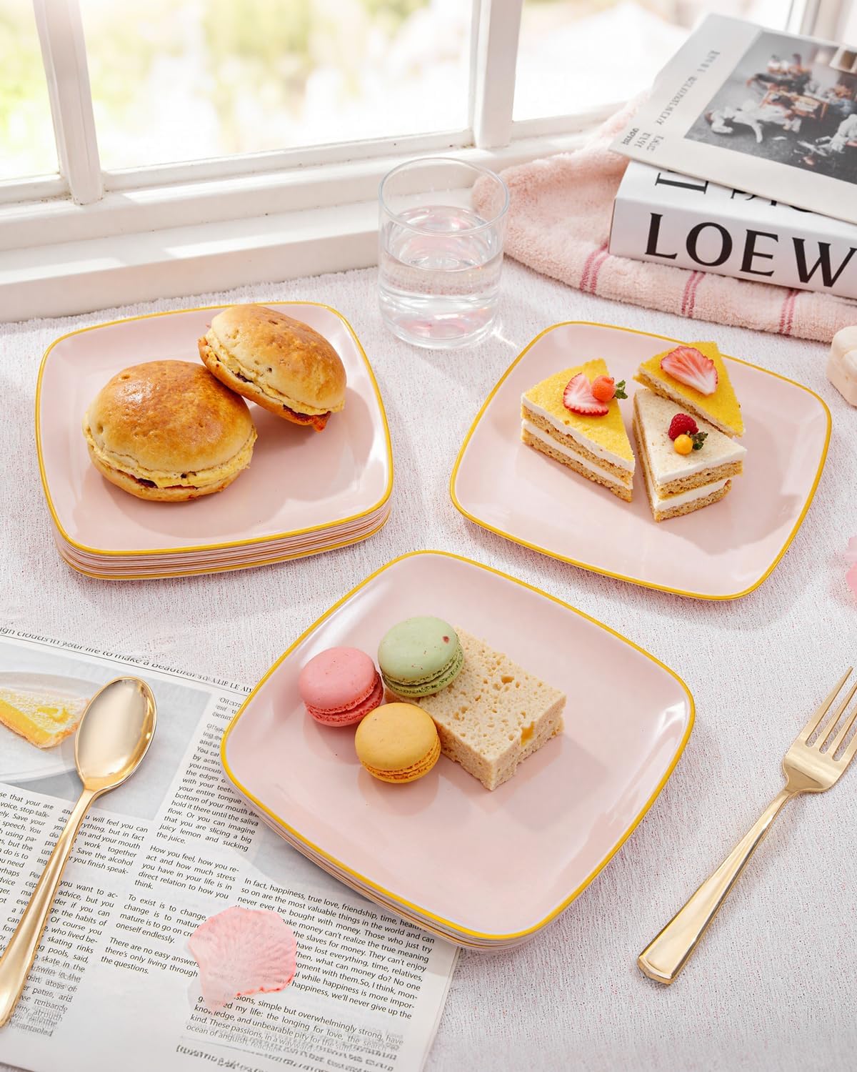 bUCLA 100PCS Pink Plastic Plates - Heavy Duty Square Pink and Gold Disposable - Include 50 Dinner 10 inch & 50 Dessert 7.25 inch Plates for Party, Weeding & Easter