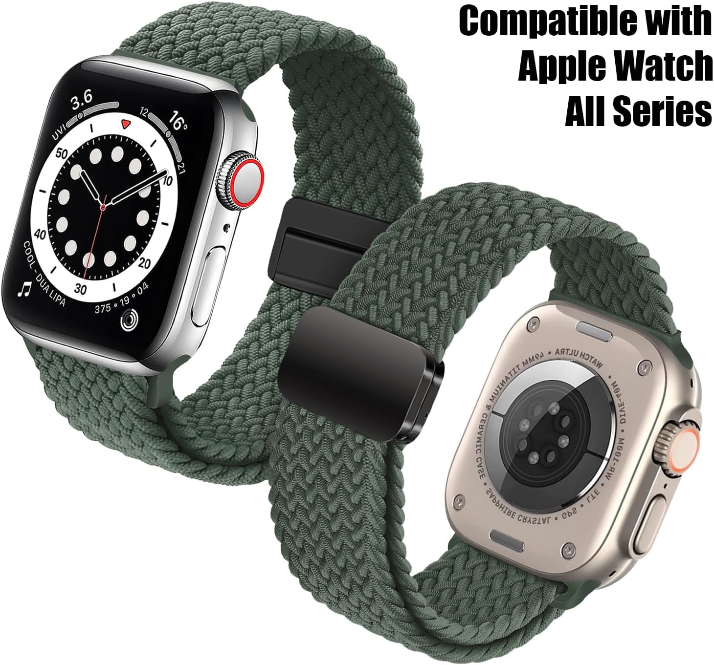 Sport Solo Loop Compatible with Apple Watch Band 42mm 44mm 45mm 49mm for Women Men,Adjustable Magnetic Stretchy Nylon Braided Wristband for iWatch Series 9 8 7 6 5 4 3 Ultra 2 SE SE2,Green - Image 5