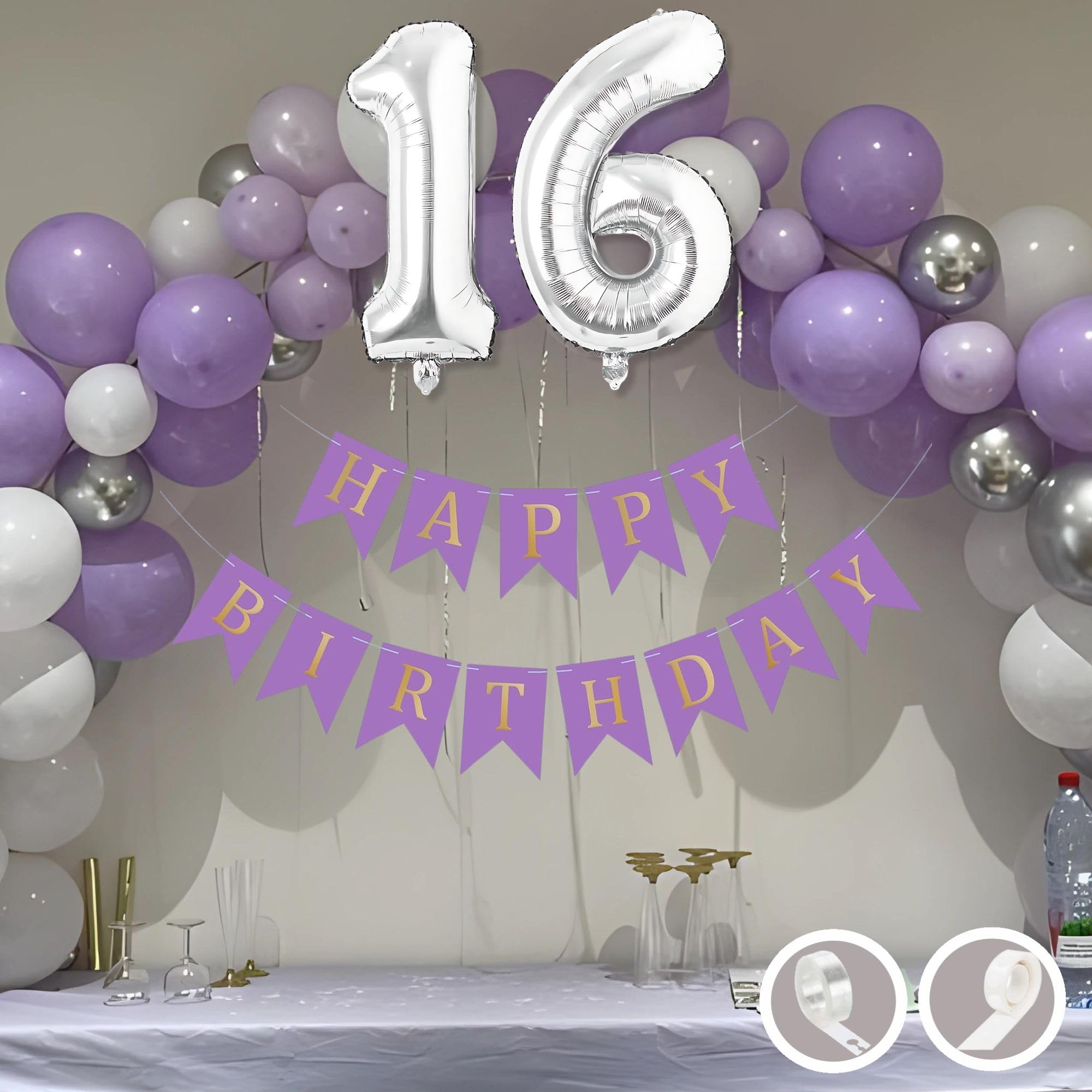 16th Birthday Decoration Items Purple and White Theme Combination for Boys Girls | 30 Pcs Purple White Silver Color Balloons | Purple Happy Birthday Banner | Arch Tape | Glue Dots-image-37