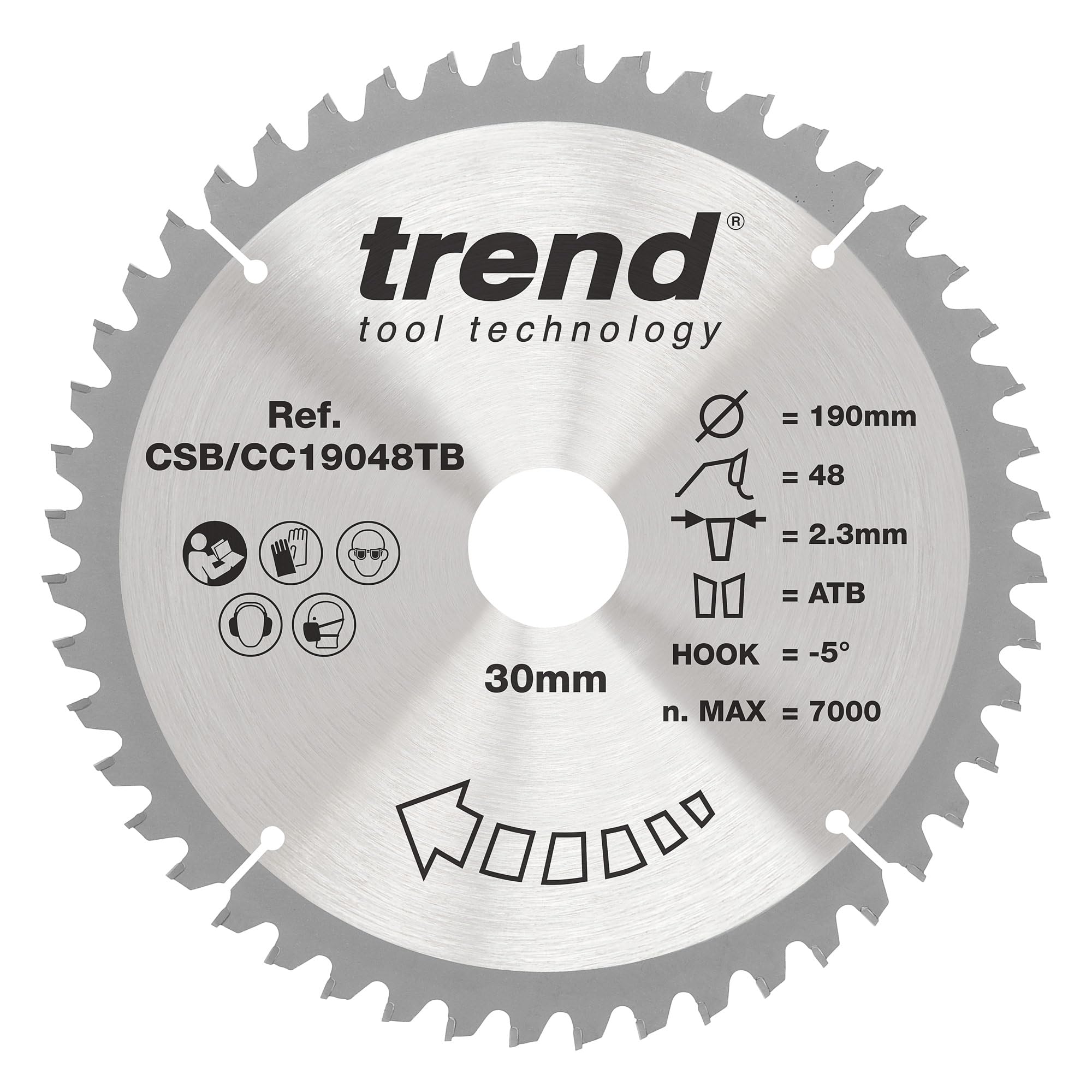Trend Wood Cordless Mitre Saw Blade, 190mm Diameter, 30mm Bore, 48 Teeth, 2.3mm Kerf, -5° Hook, TCT, Fine Finish, CSB/CC19048TB