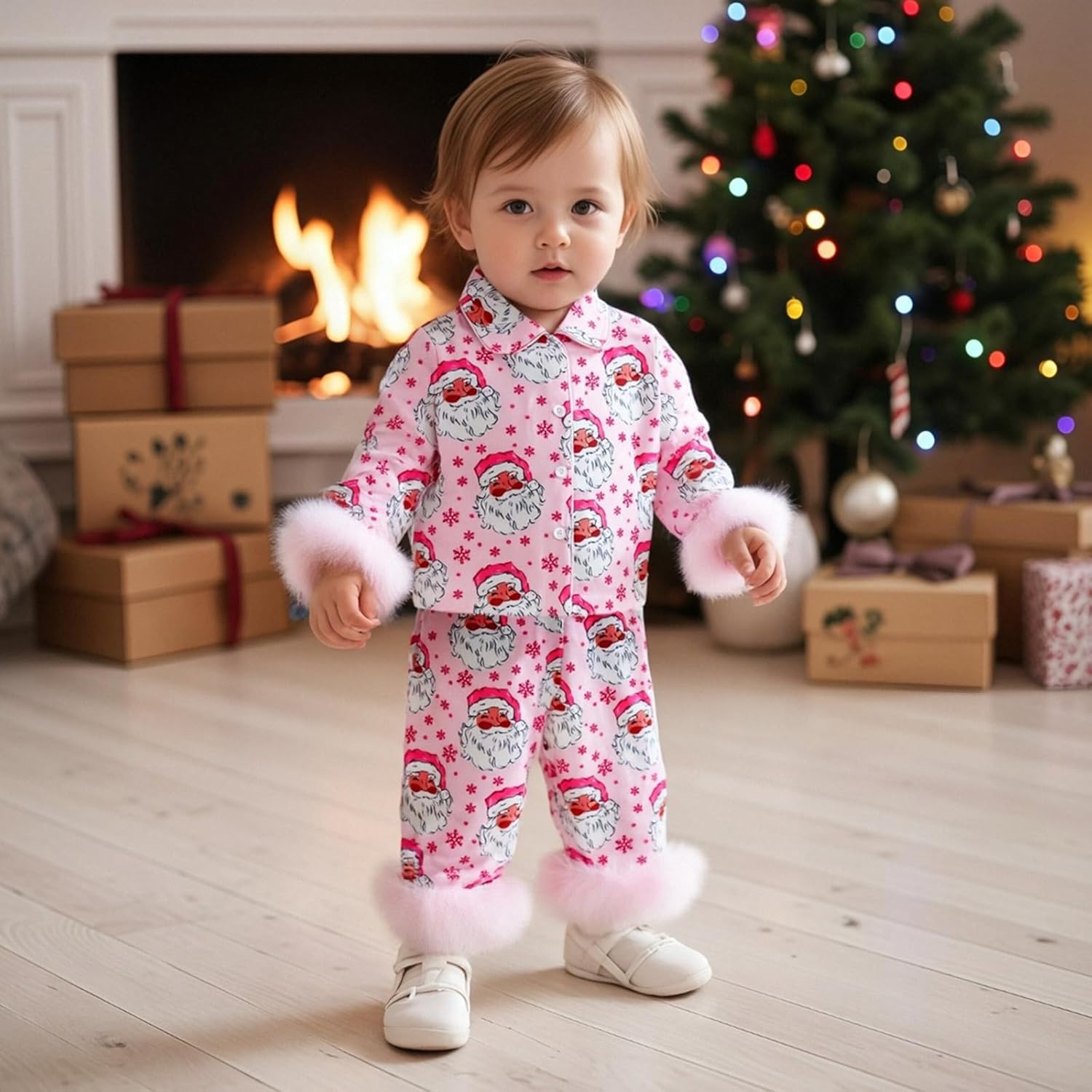 Kuriozud Toddler Kids Little Girls Christmas Satin Pajamas Green Feather Trim Sleeve Button Down Sleepwear Xmas Matching Pjs - Image 2