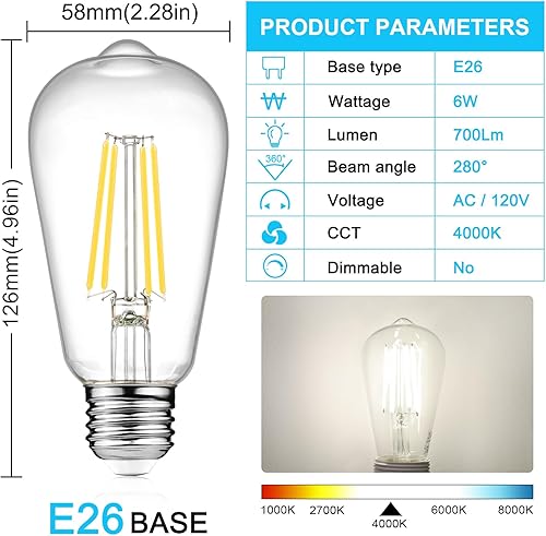 Miniatura 2 de Ascher - Bombillas LED Edison de 6 W, equivalente a 60 W, luz blanca diurna de alto brillo 4000 K, 700 lúmenes, bombillas de filamento LED vintage