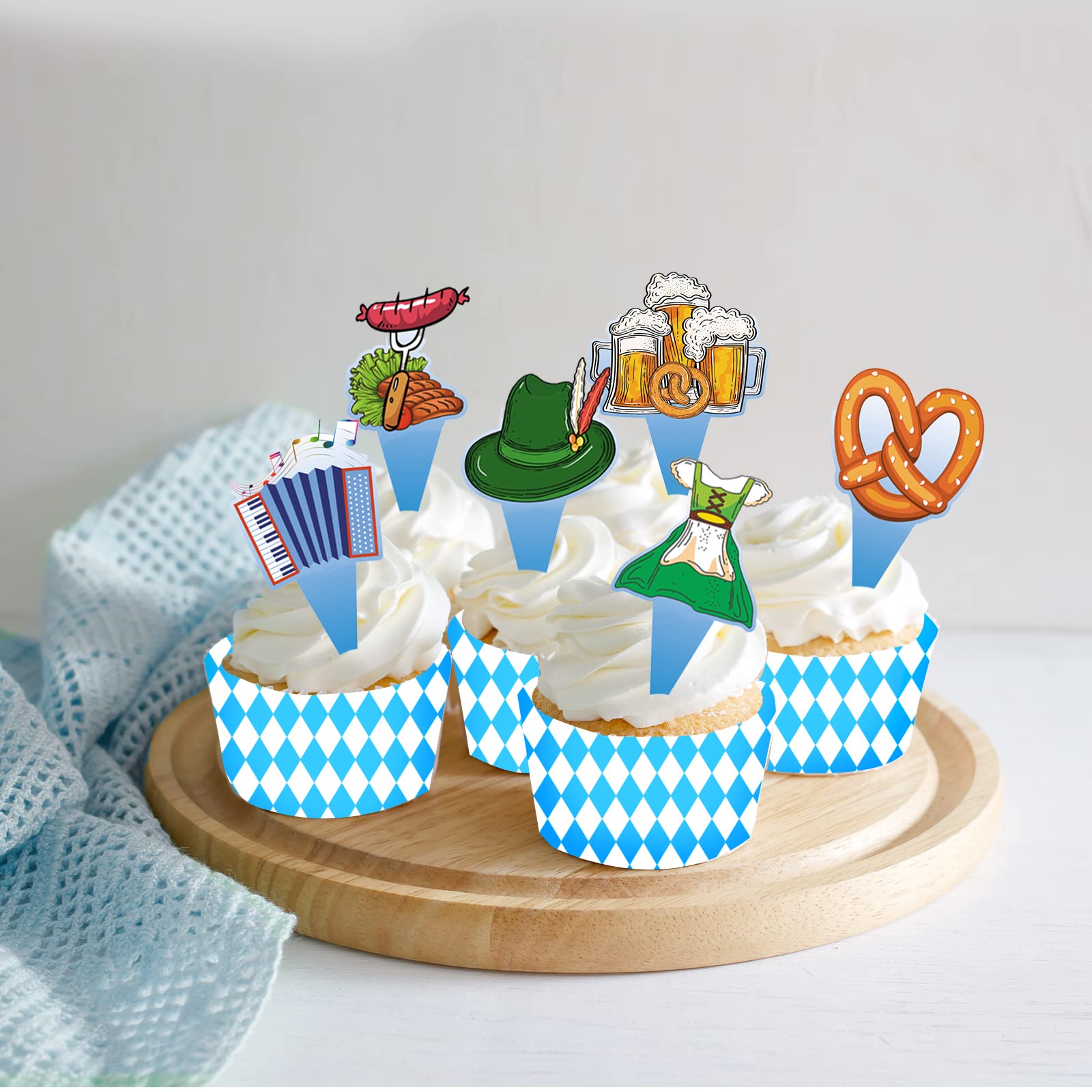 Oktoberfest Deko Set - 12 Cupcake Topper & 20 Servietten Blau-Weiß