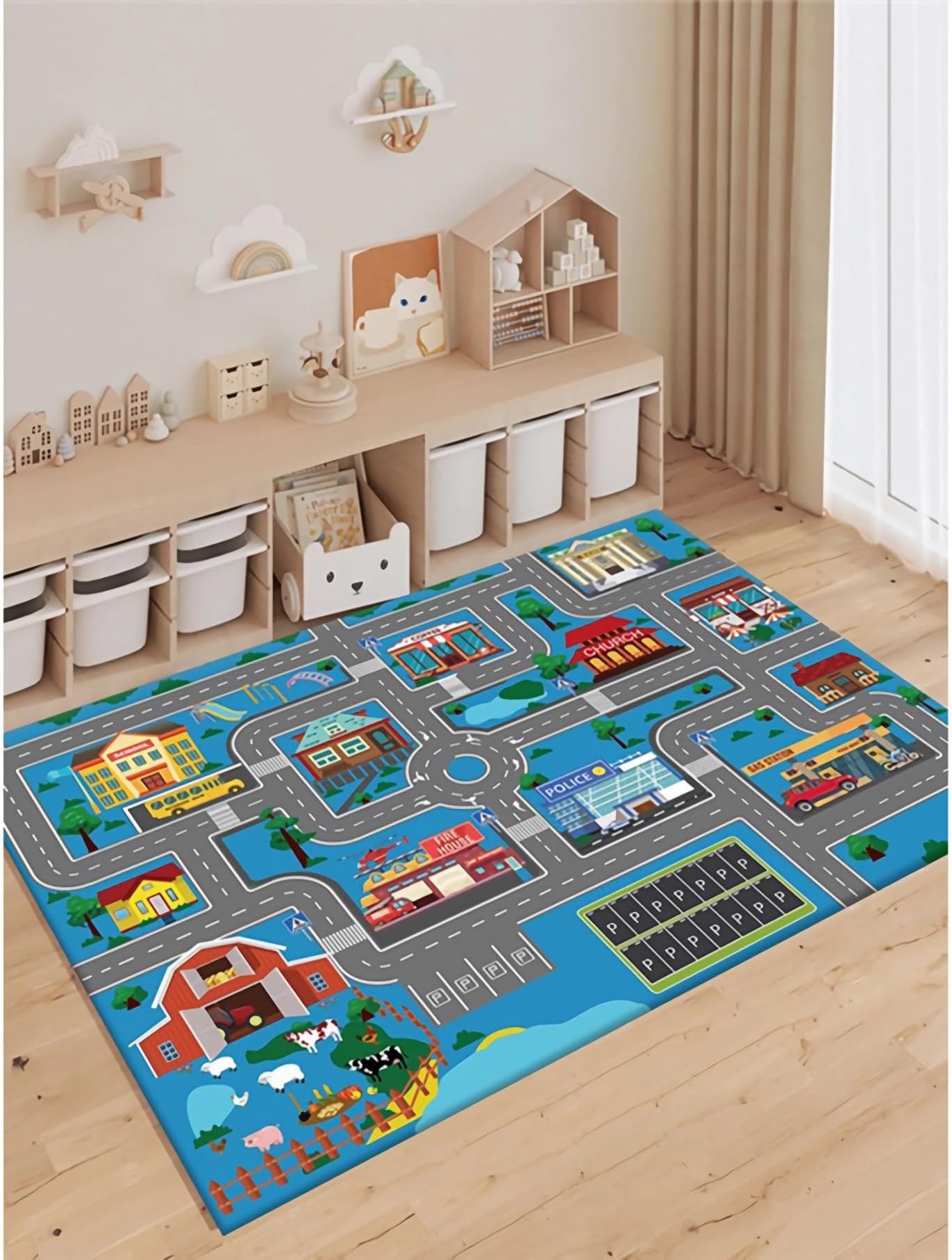 Kids Carpet Playmat Rug City Life Great for Playing with Cars and Toys, 63"x47" Non Slip Kids Rug for Playroom Bedroom,Educational Area Rugs City Pretend Play Mat for Bedroom (Urban Plan)