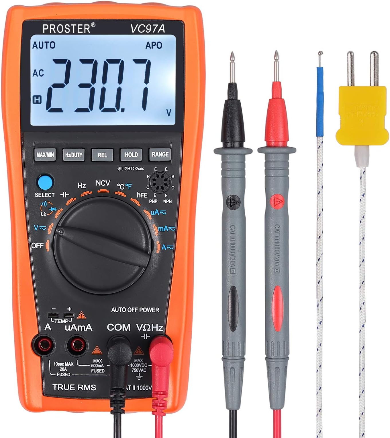 Proster VC97 Digital Multimeter 3999 LCD Auto Ranging Multi Meter CAT II with Capacitance Resistance DC AC Voltage Current Transistor Diode Continuity, 1.5 V, 4000 Count