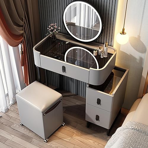 Miniatura 16 de Vanity Desk with Mirror and Drawers, White Vanity with Mirror, Wooden Makeup Desk for Bedroom Dressing Room, with Adjustable Brightness Mirror,White