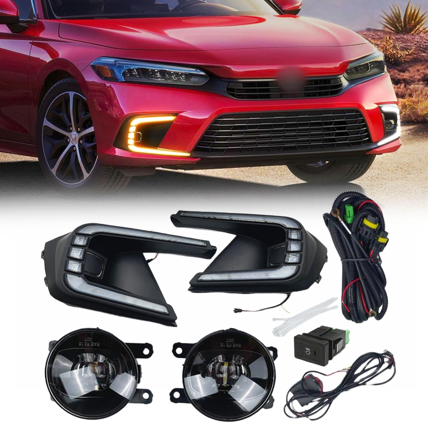 LED Fog Light Kit for Honda Civic 2022-2024 Hatchback, 3-Color Daytime Running Light with Dynamic Turn Signal Projector Lens & Wire Harness Front Bumper Fog Light Assembly