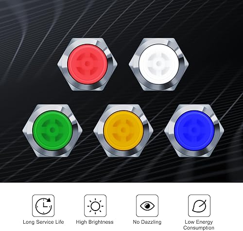 Miniatura 6 de 10 luces indicadoras LED de metal impermeable de 0.394 pulgadas, ACDC 12-24V 25 pulgadas, orificio de montaje, luz de señal piloto precableada para