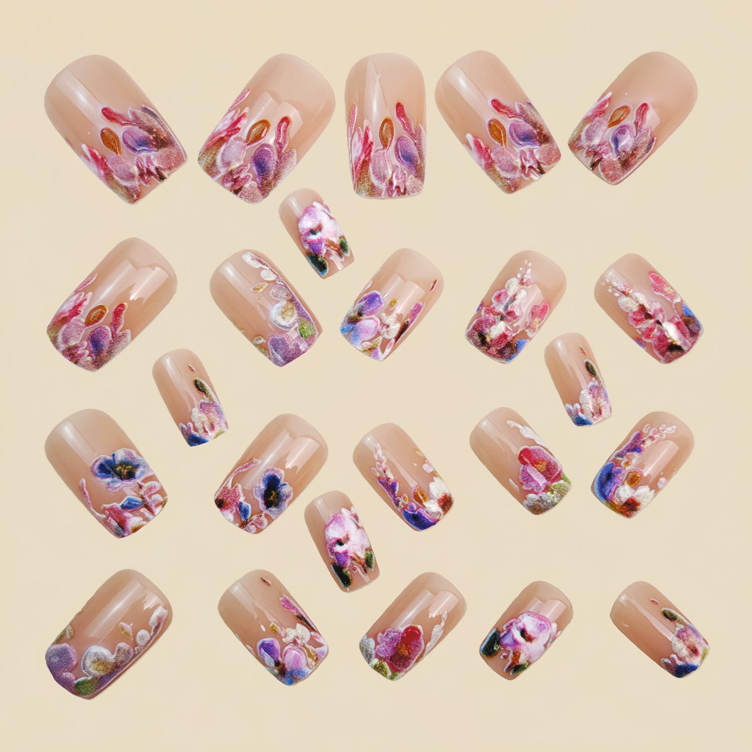 Spring Press On Nails Short Square Fake Nails 3D Embossed Floral Nails Press Ons With Colorful Flower Design Acrylic Nails Nude Stick On Nails Glossy Full Cover Glue On Nails For Women Manicure 24Pcs