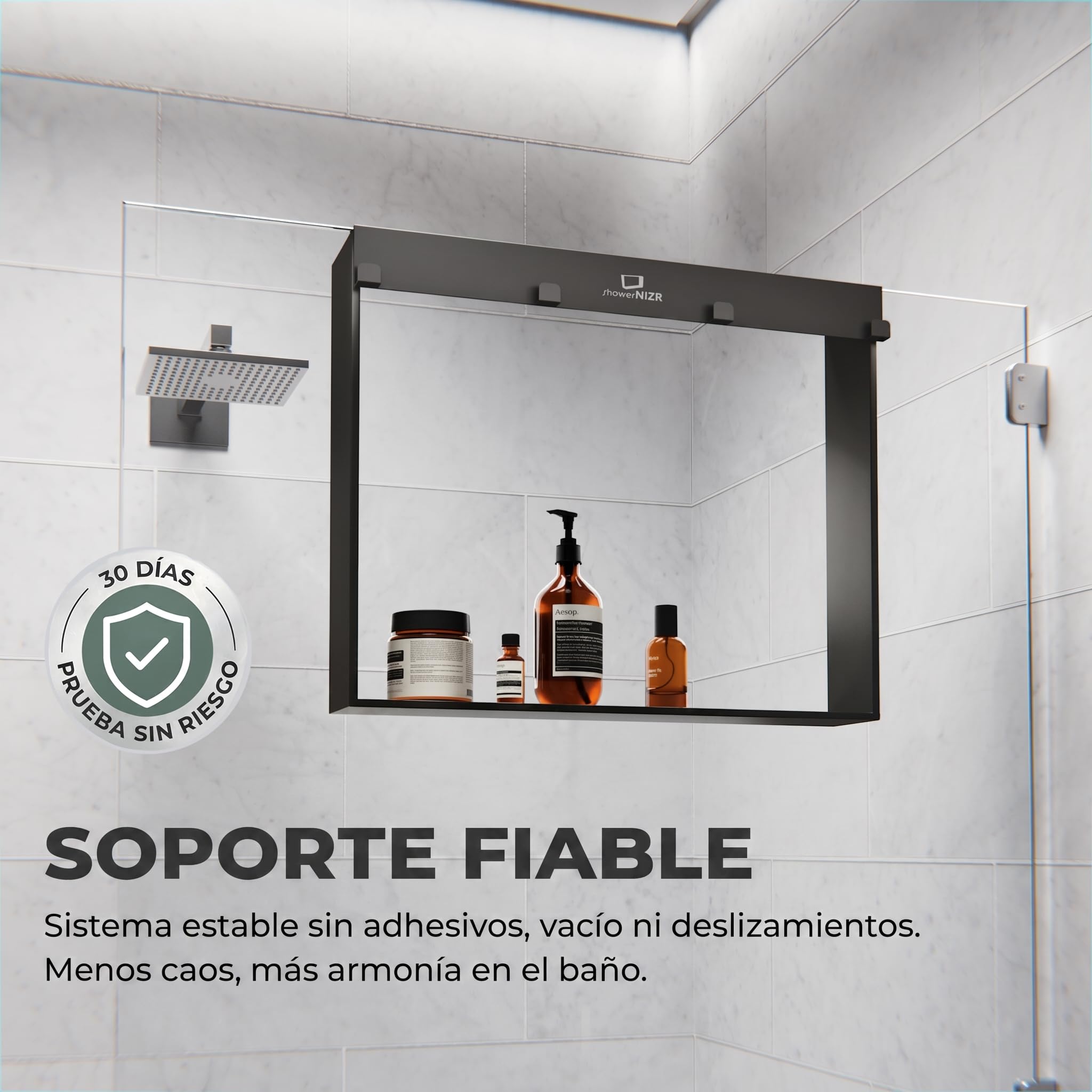 ShowerNIZR Estante de ducha Granite Grey Estante de ducha sin taladro | para colgar en mampara de vidrio de acero inoxidable con 4 ganchos orden sin obra baño sereno y limpio línea depurada