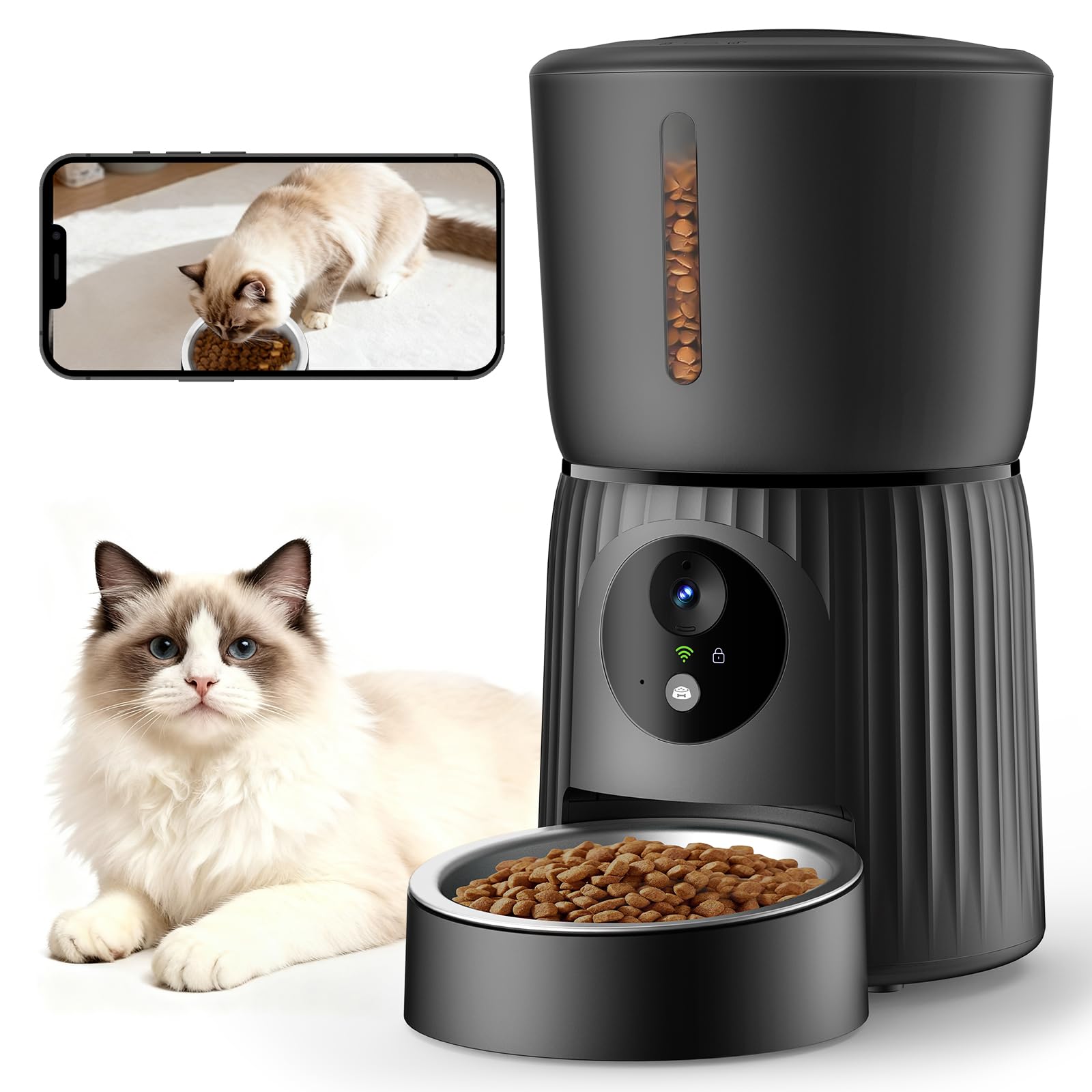 Faroro Automatic Cat Feeder with Camera, 1080P HD Video with Night Vision, 5G WiFi Automatic Dog Feeder with APP Control, 2-Way Audio, Blockage Sensor for Cats or Small Dogs, 4L (Black)