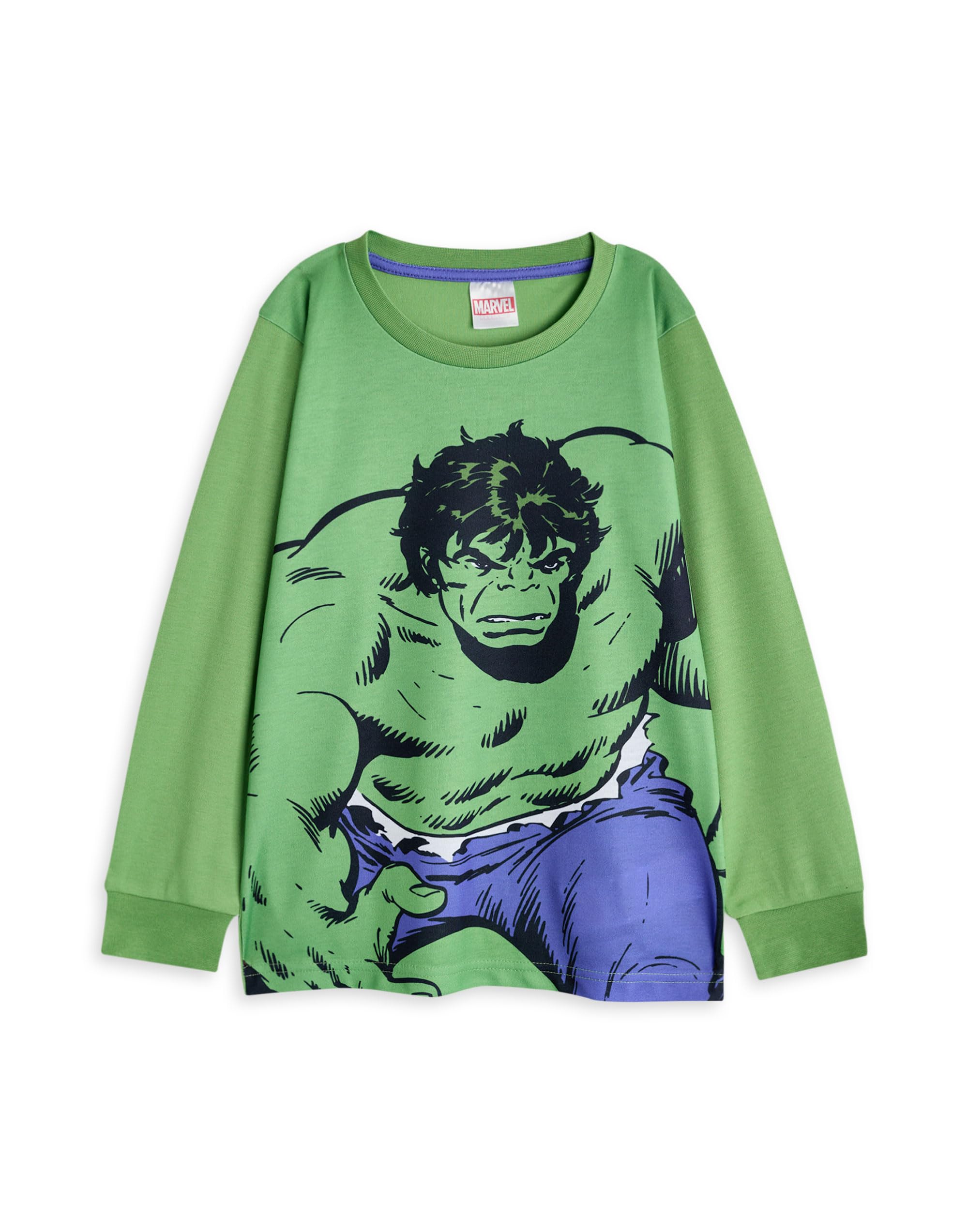 Marvel Set Pigiami per Ragazzi, Confezione da 3 | Top a Maniche Lunghe con Grafica Spiderman Hulk e Captian America per Bambini e Pantaloni Pigiama a Gamba Lunga in Rosso Verde e Blu