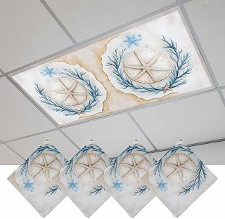 2x4 ft Fluorescent Light Cover for Ceiling Coastal Sand Blue Coral Starfish Magnetic Light Filters, Ocean Animal Ceiling Lampshades for Home School Office 4Pcs