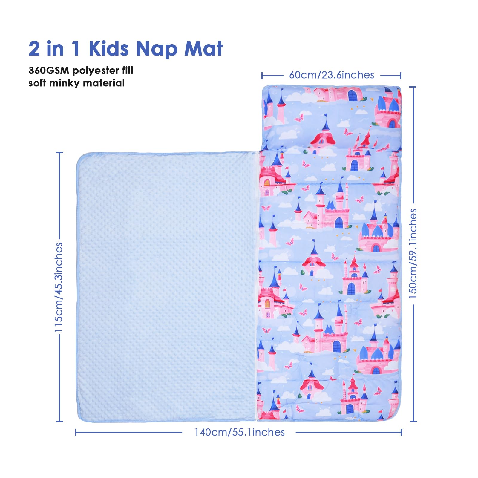 Nap Mat per Bambini con Cuscino e Coperta Rimovibili, Grande Extra Spesso 2 in 1 Sacco a Pelo Pieghevole per Ragazze Ragazzi, Nap Mats per Asilo Nido e Campeggio (Castello Blu)