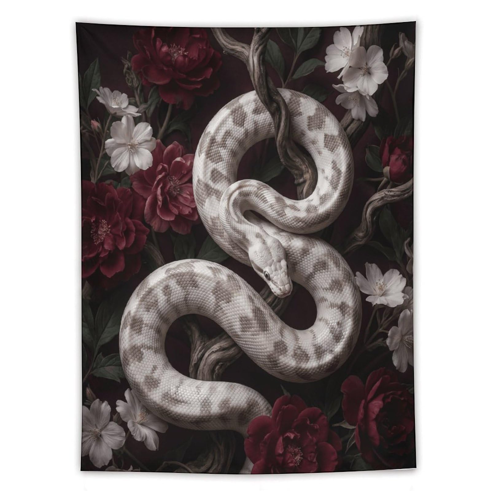 W7C8U2X3 White Snake Red Roses Wall Tapestry, Realistic Illustration, Bed