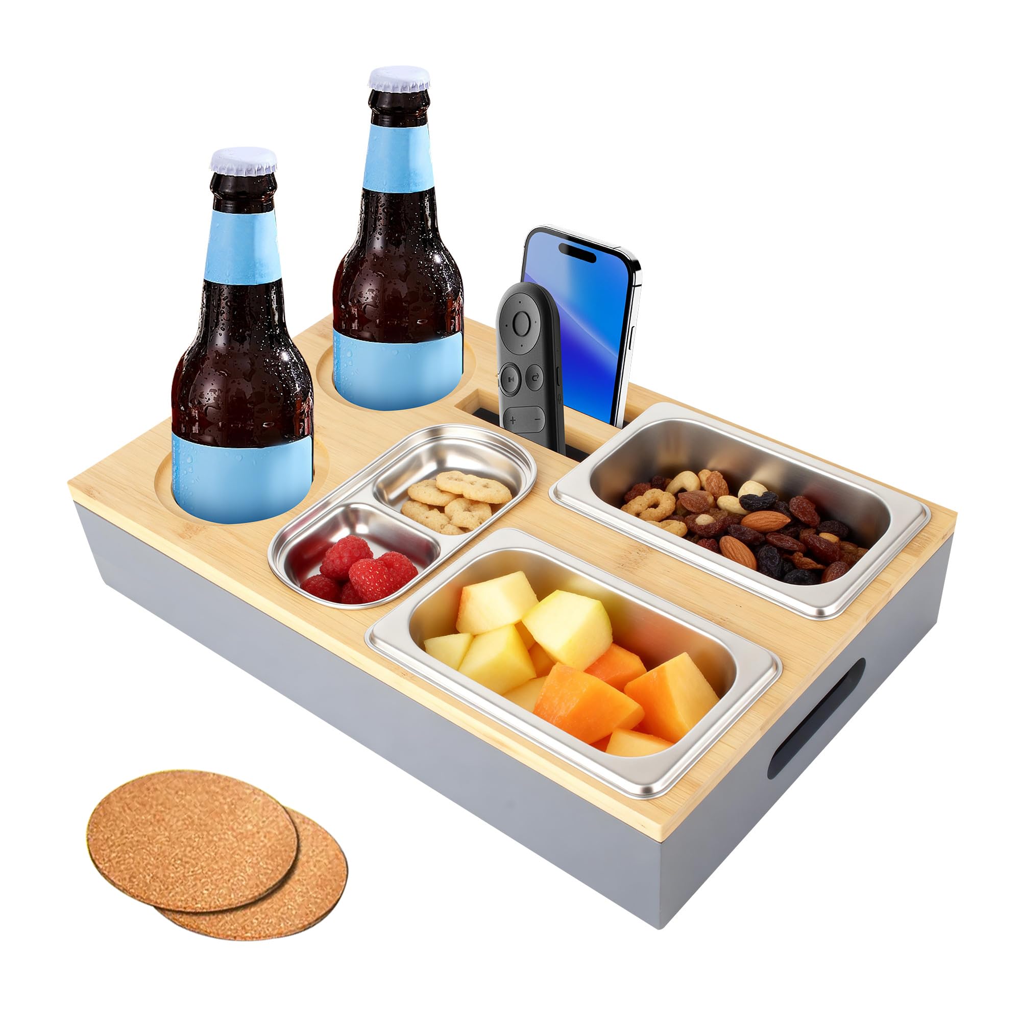 Couchbar Snackbox, Sofa Couch Tablett, Praktischer Sofatablett, mit Fächern, Abnehmbarer Deckel,mit Abnehmbarem Snackbox mit Getränkehalter für Wohnzimmer Garten Camping Couchbar(Grau)