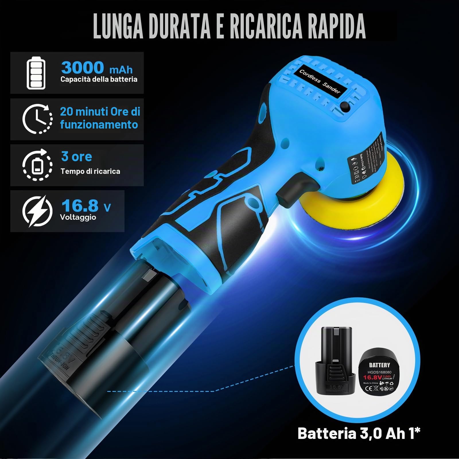 Levigatrice elettrica senza fili da 16,8 V con 36 carte vetrate, 3500 giri/min, batteria da 3,0 Ah, design leggero e compatto per legno, metallo, rimozione della vernice e progetti fai da te