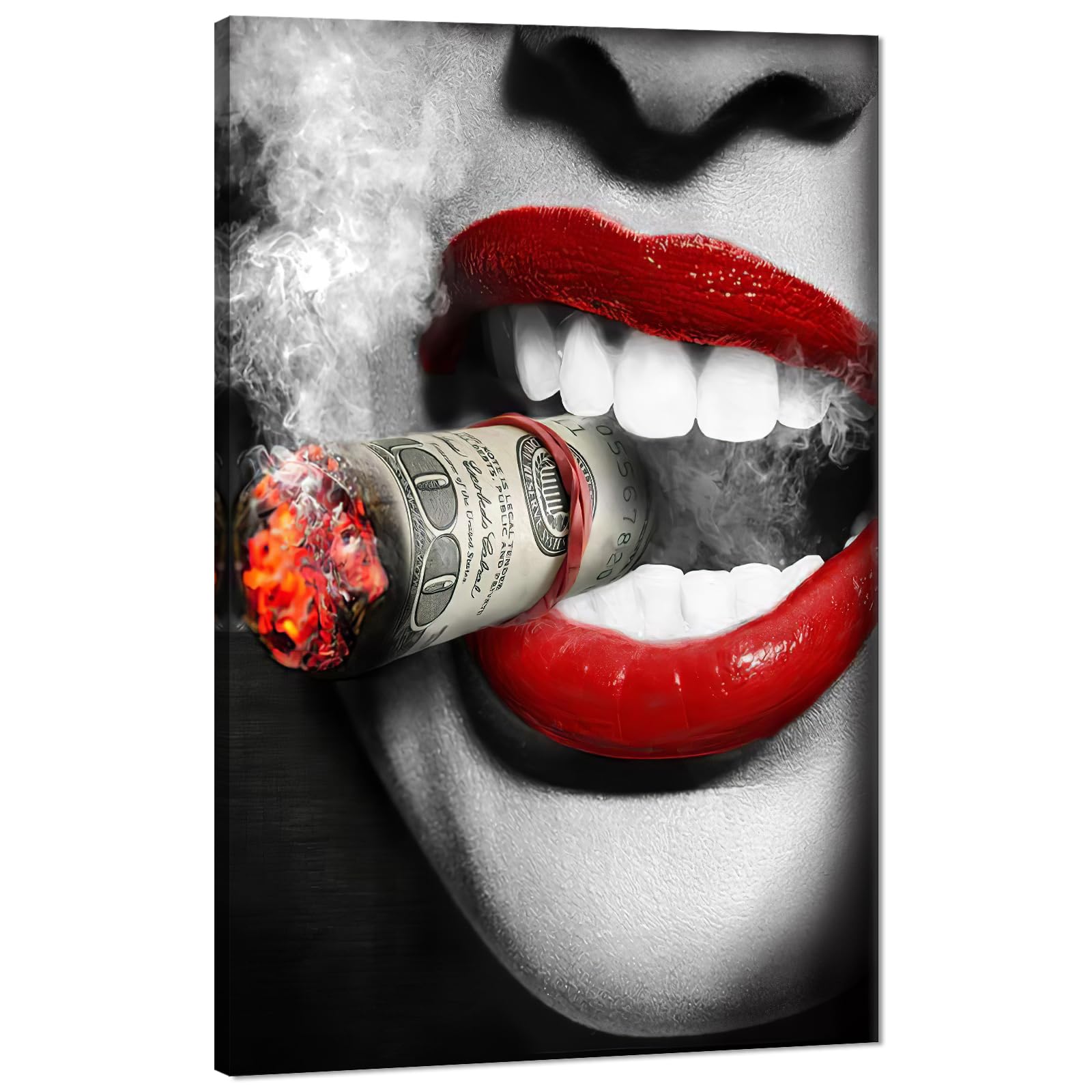 MAMAGO Modern Red Lips Wall Art Abstract Dollar Smoking Hustle Style Picture for Living Room Bedroom Bar Wall Decor Framed Ready to Hang - 28 x 44 inch