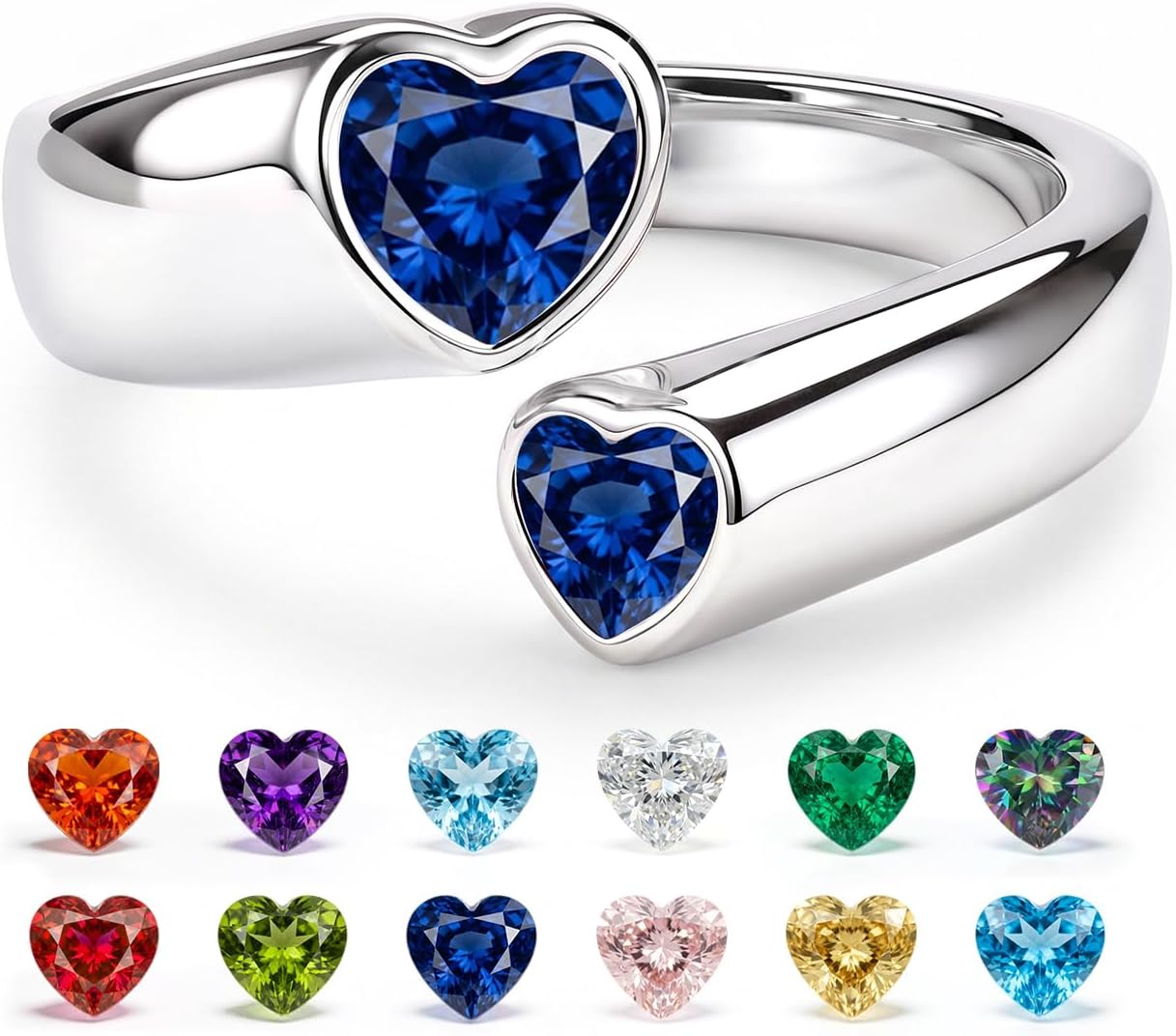 AVECON Double Heart Birthstone Rings for Women, Adjustable Open Bezel