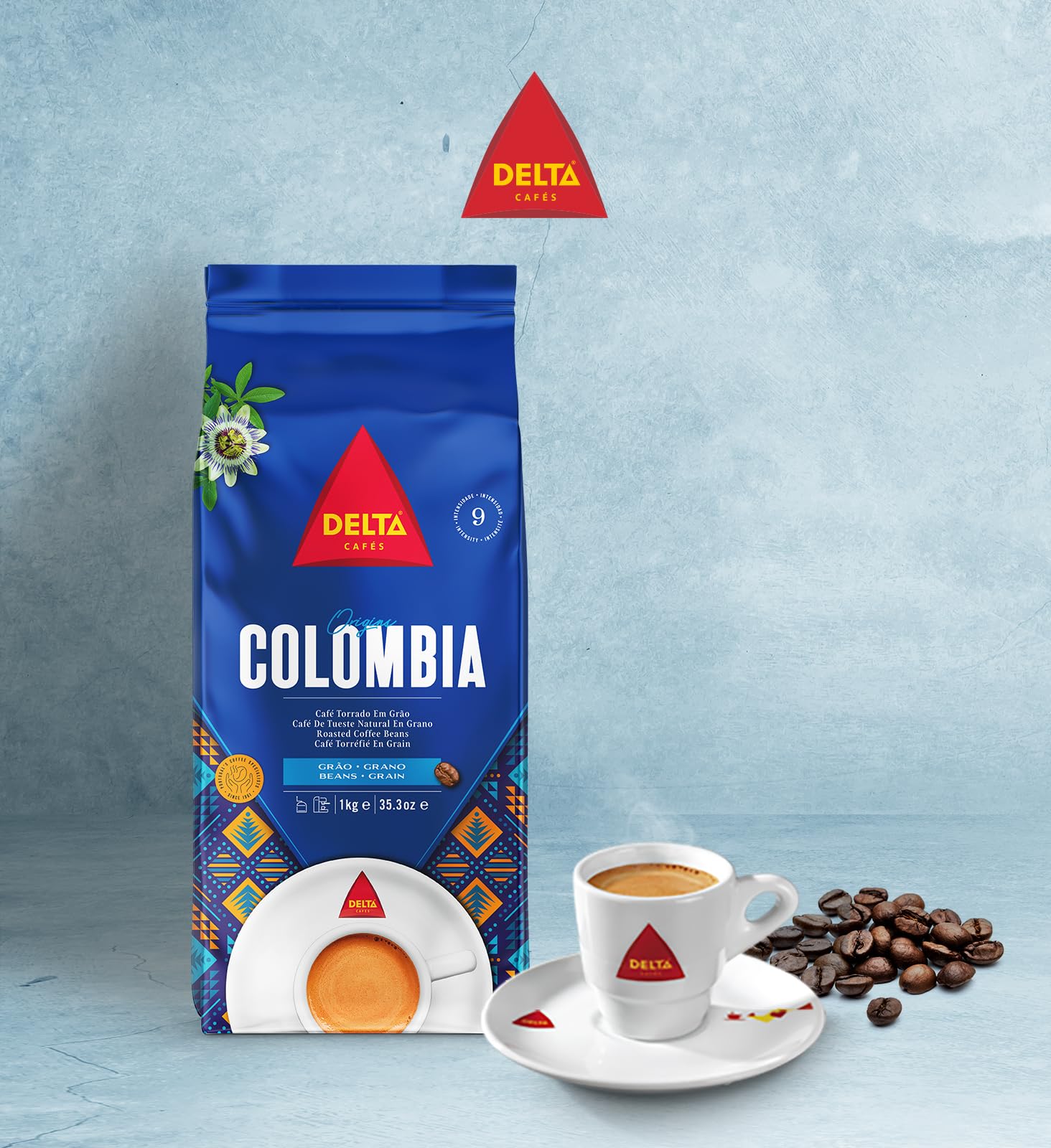 Delta Cafés Colombia Caffè in Grani 1kg – Miscela Arabica Colombiana Single Origin, Intensità 9, Chicchi Espresso Morbidi e Vellutati con Note Agrumate