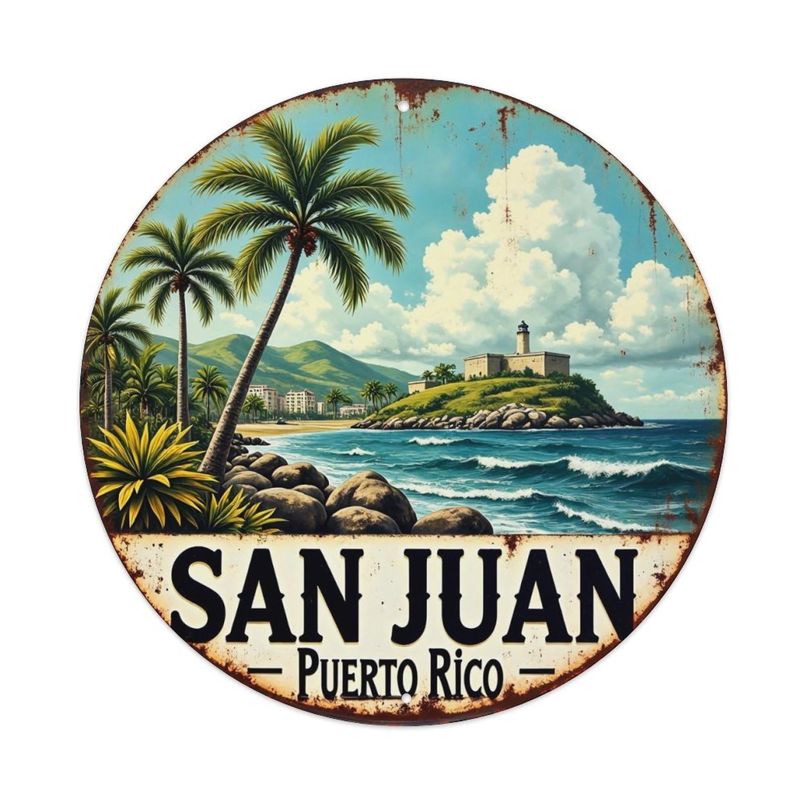 Tropical Beach Scene With Lighthouse Round Metal Tin Sign Vintage Wall Decor, Bar Garage Cafe Kitchen Home Wall Art Poster 8x8inches