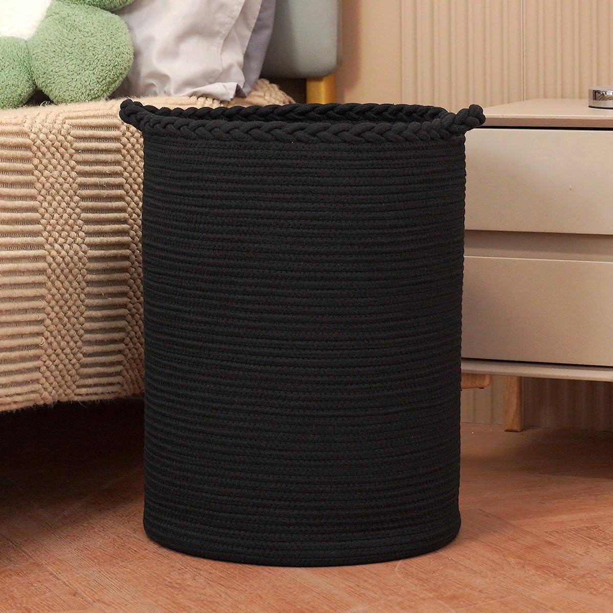 Homlikelan 58L Woven Laundry Basket,Cotton Tall Laundry Hamper for Blankets,Clothes,Pillows,Toys,Shoes Large Laundry Bin Black